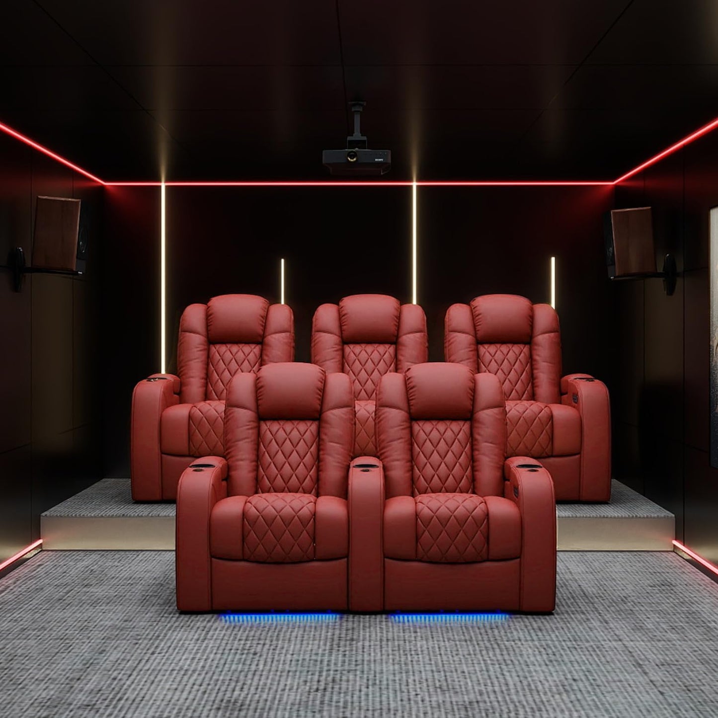Weilianda Home Theater Seating Top Grain Leather Zero Gravity Recliner Chair Power Headrest Recline Movie Seat Gaming 7 Colors Mood Light Sofa with Tray Table USB Charge Row of 3 Loveseat Left Red