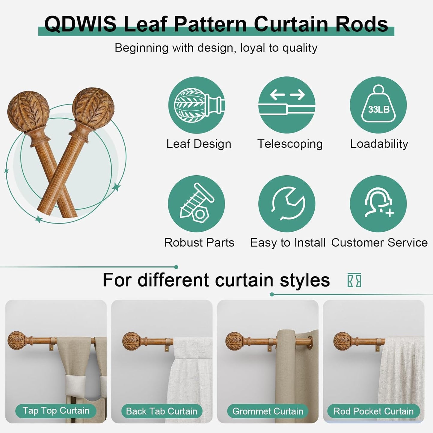 Boho Wood Curtain Rods for Windows 66 to 120 inch,1" Adjustable Heavy Duty Window Curtain Rod with Imitation Wood Grain Finials,Rustic Decorative Drapery Rods Set,Size:36-120'',Natural Wood