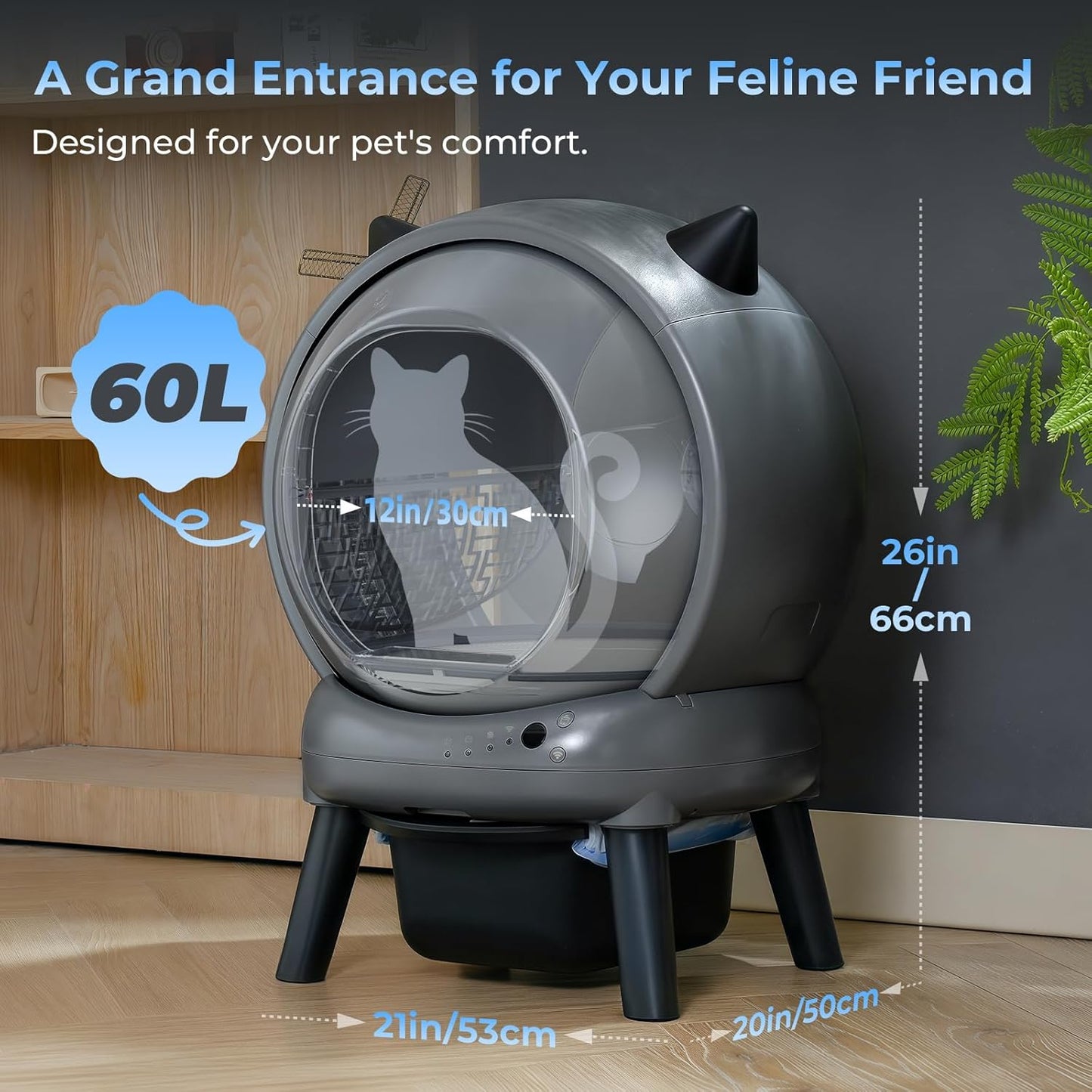 Self Cleaning Litter Box for Cats, Automatic Cat Litter Box with Smart APP Control and Health Monitoring, Includes 2 Roll Trash Bag & Litter Mat, Grey
