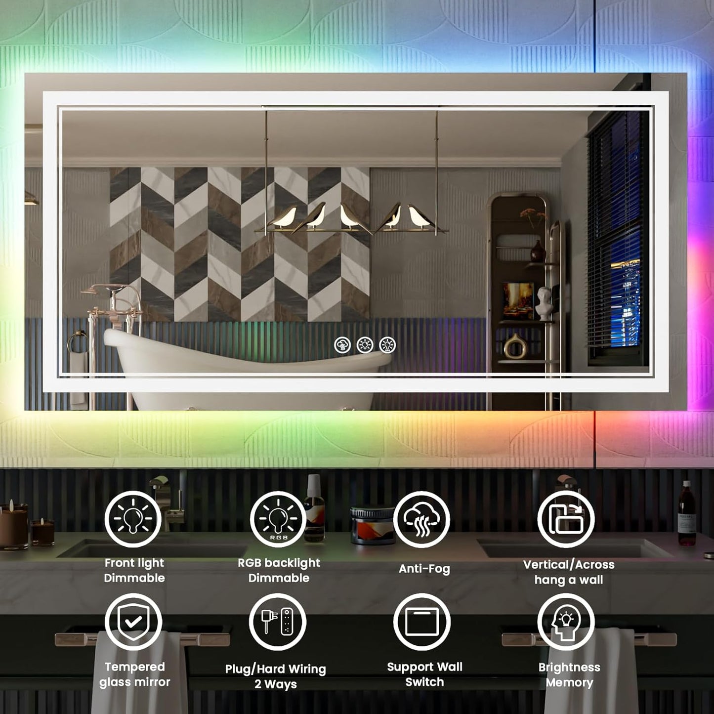 84x32 Inch LED Bathroom Mirror with Lights, Color Changing RGB Backlit Mirror,Large Lighted Vanity Mirrors for Bathroom Wall, Dimmable, Anti-Fog (RGB Backlit+Front-Lit)