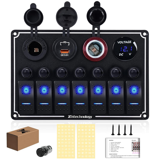 7 Gang Marine Boat Switch Panel with Dual USB Charger & Voltmeter, Waterproof Aluminum Rocker Switch Panel for Marine Automotive Truck RV Trailer with Lighter Socket Press Protector, 12/24V Black