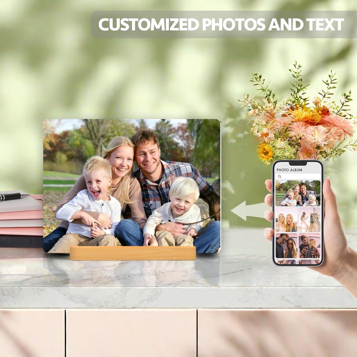 Custom Photo Prints - Metal Desktop Picture Frame with Photos & Wooden Base Personalized Gifts for Family Friends Lovers and Pets, Optional Multiple Sizes