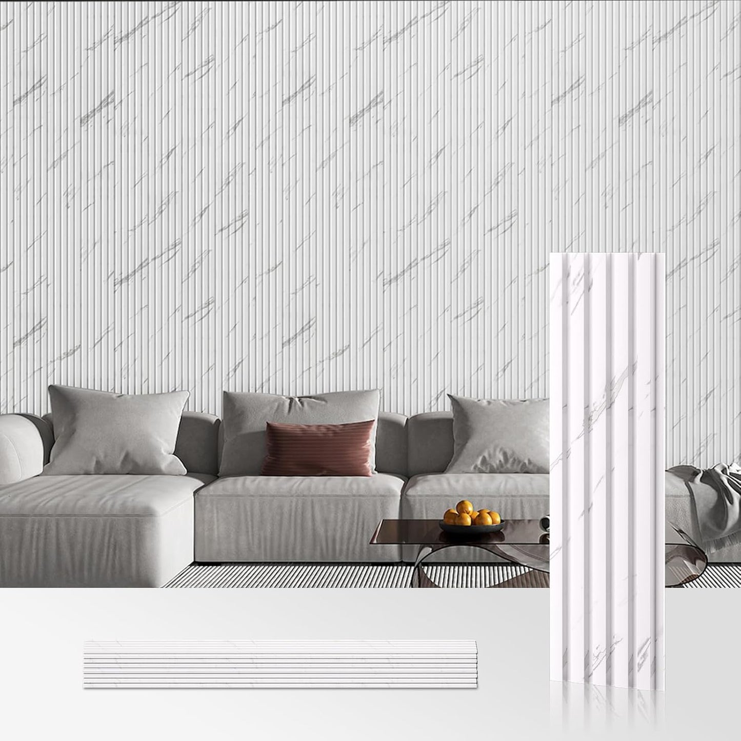 OUZUGIE WPC Acoustic Slat Wall Paneling, 8-Pack 96 x 6 Inches 3D Wall Panels for Interior Wall Decor,Living Room,TV Background,Study Room,Office Spaces,Bedroom,Low Grille (White)