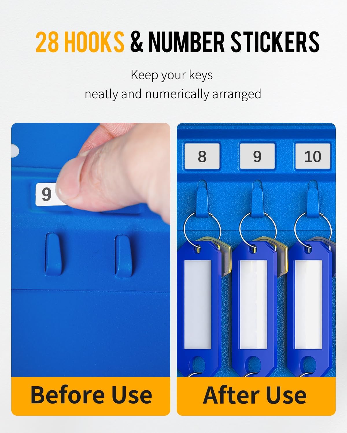 Uniclife 28 Keys Steel Key Cabinet with Resettable Code Blue Wall Mounted Key Organizer with Combination Lock Digital Security Box with Hooks and Large Key Tag Labels Identifiers in 5 Assorted Colors