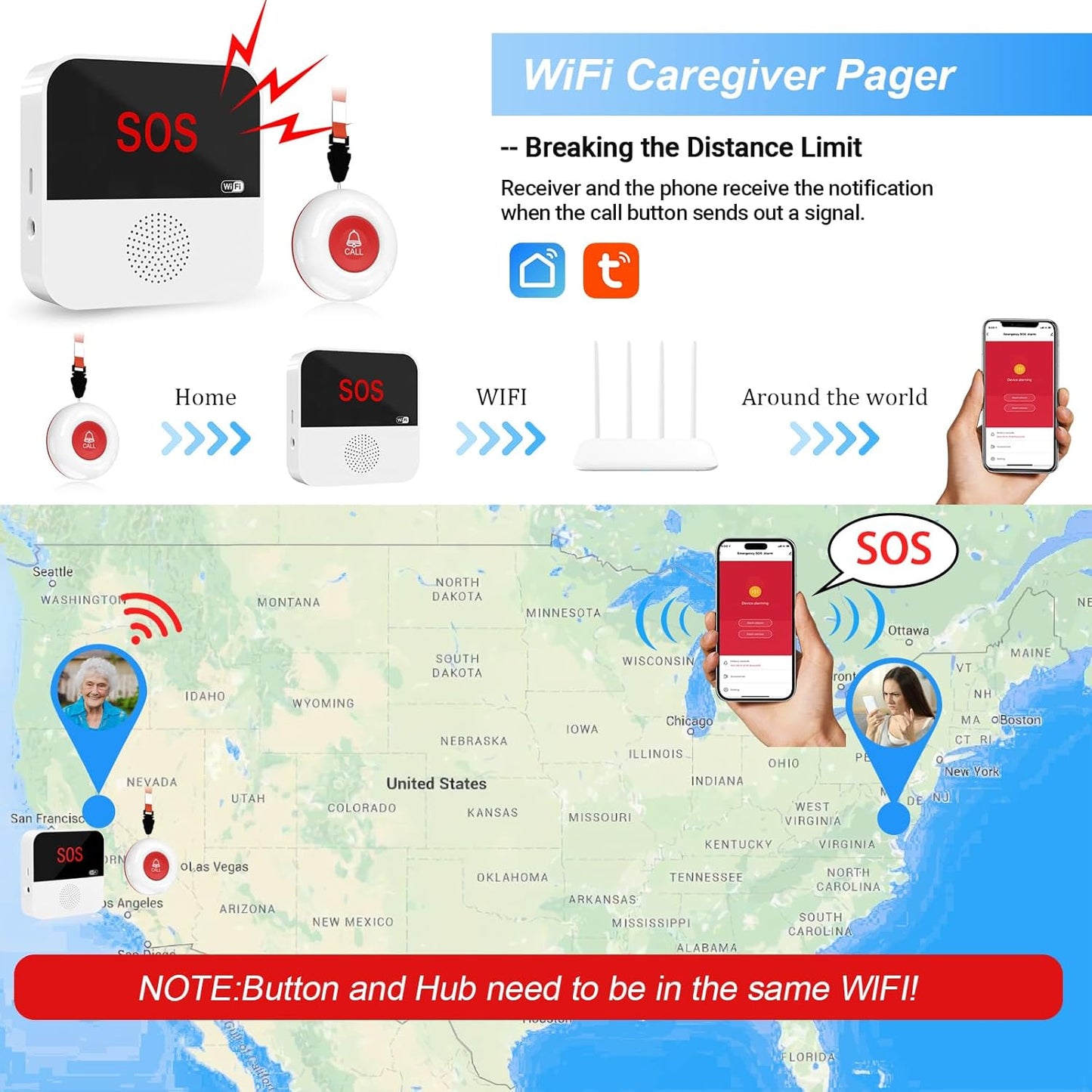 WiFi Rechargeable Smart Caregiver Pager System - Wireless Nurse Call Button with SOS Emergency Alert for Elderly, Patients, Disabled & Kids (2.4GHz WiFi Only, 2 Button + 2 Receiver)