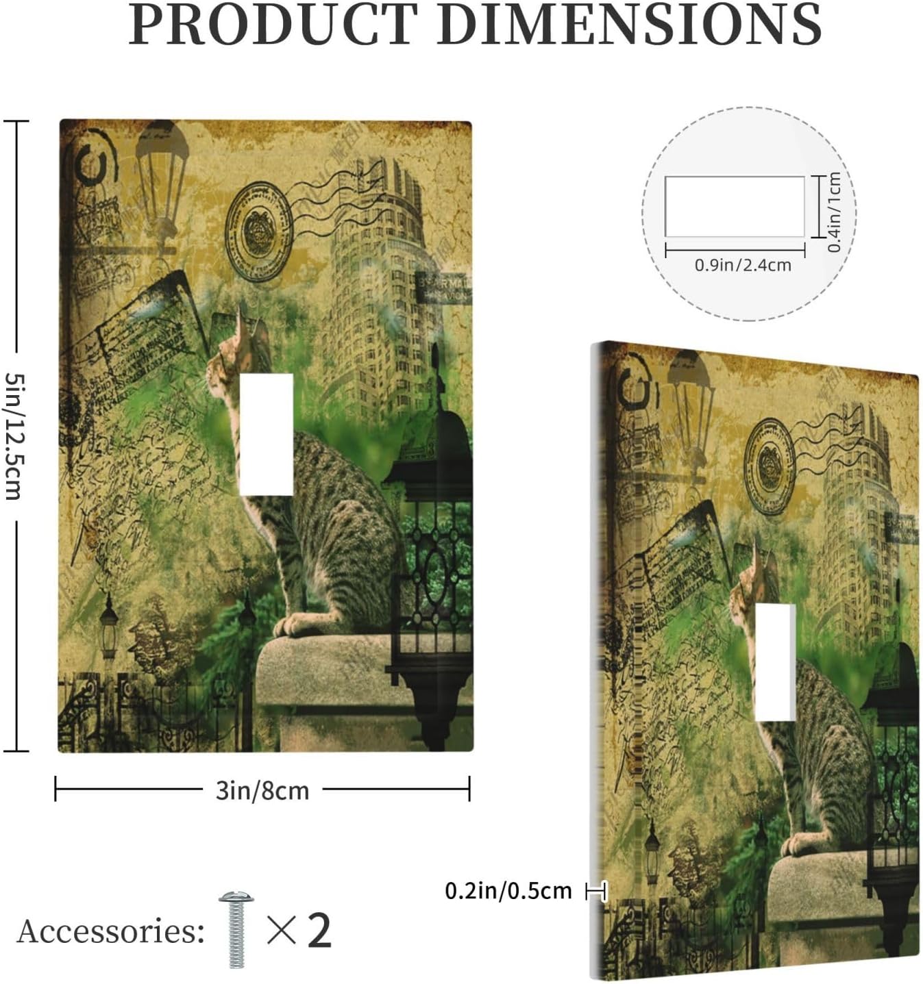 Decorative Light Switch Cover Plate Vintage Style Cat City Stamp 1 Gang Single Toggle Wall Plate Electrical Outlet Covers Decorate Switch Plate Cover for Bedroom Home Decor