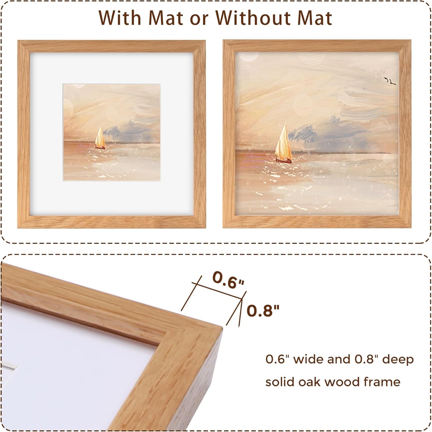 Fun Memories 12x12 Picture Frames Set of 3, Natural Oak Wood Frame With Mat for 10 x 10, Square With Tempered Real Glass, Gallery Wall Set