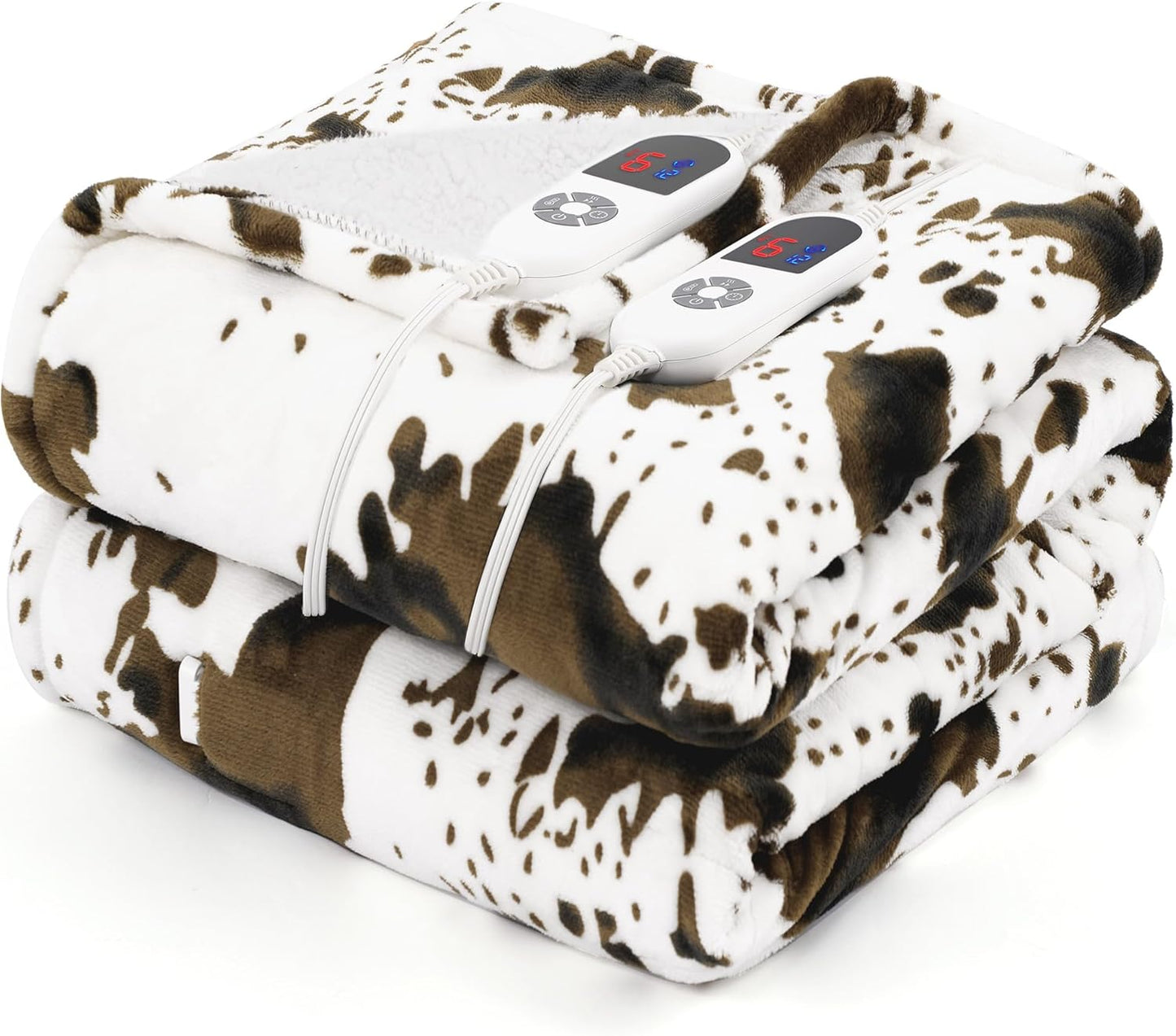 Electric Blanket Queen Size, Dual Control Heated Blanket with 6 Heat Settings, 1-12H Timer, Soft Sherpa & Flannel, Machine Washable, Brown Cow Print, 84" x 90"