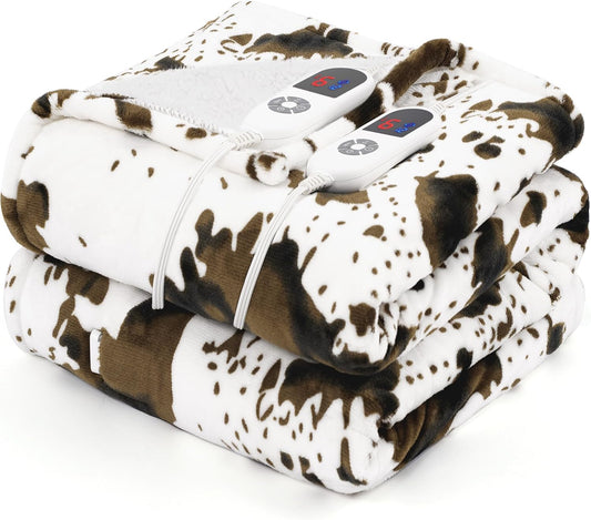 Electric Blanket Queen Size, Dual Control Heated Blanket with 6 Heat Settings, 1-12H Timer, Soft Sherpa & Flannel, Machine Washable, Brown Cow Print, 84" x 90"
