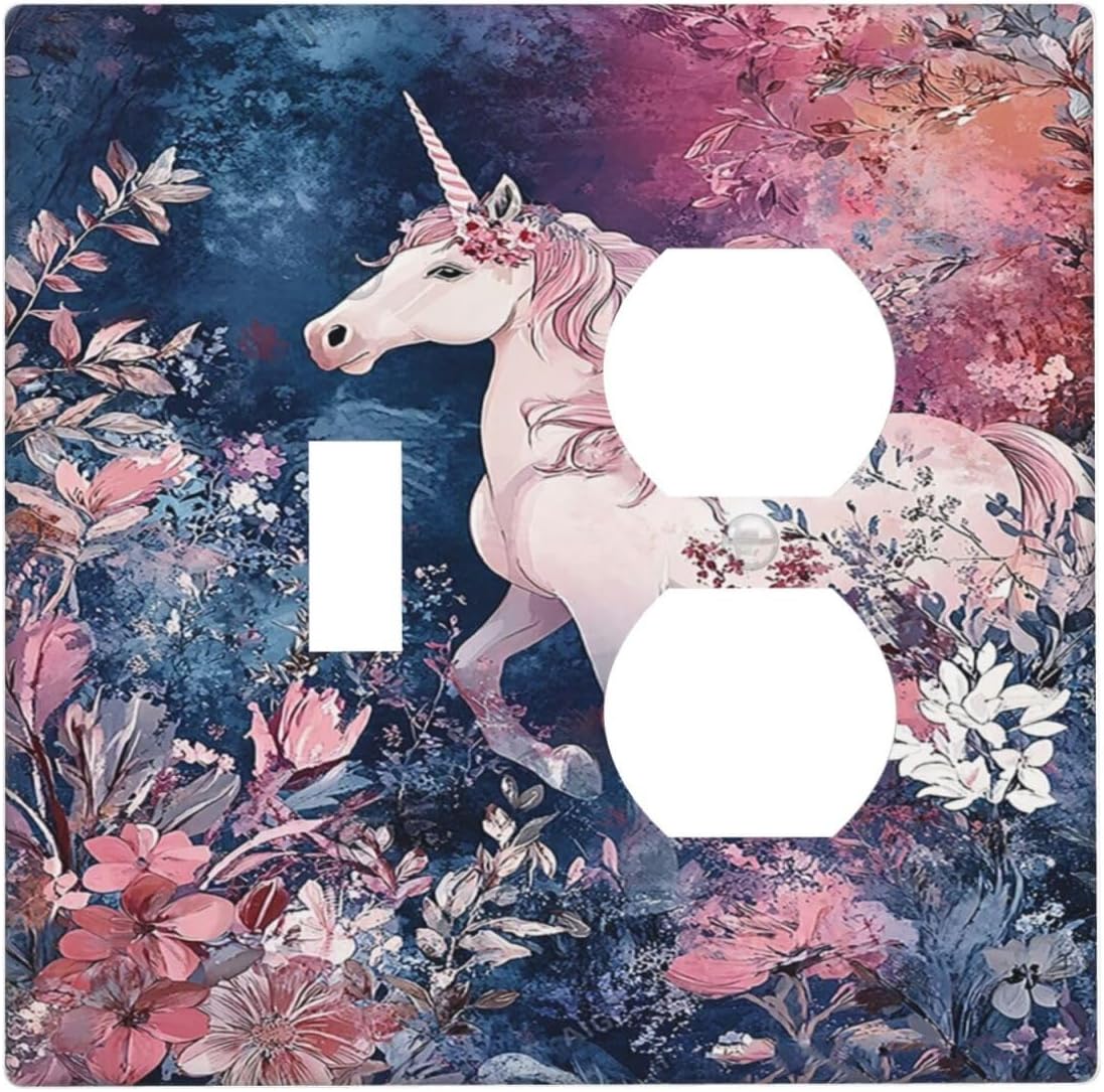 Outlet Covers Fantastic Pink Unicorn Wildflower Forest 1 Toggle 1 Duplex Switch Plate Covers Electrical Light Switch Cover Plate Decorative Wall Plate Socket Cover for Bedroom Kids room Decor