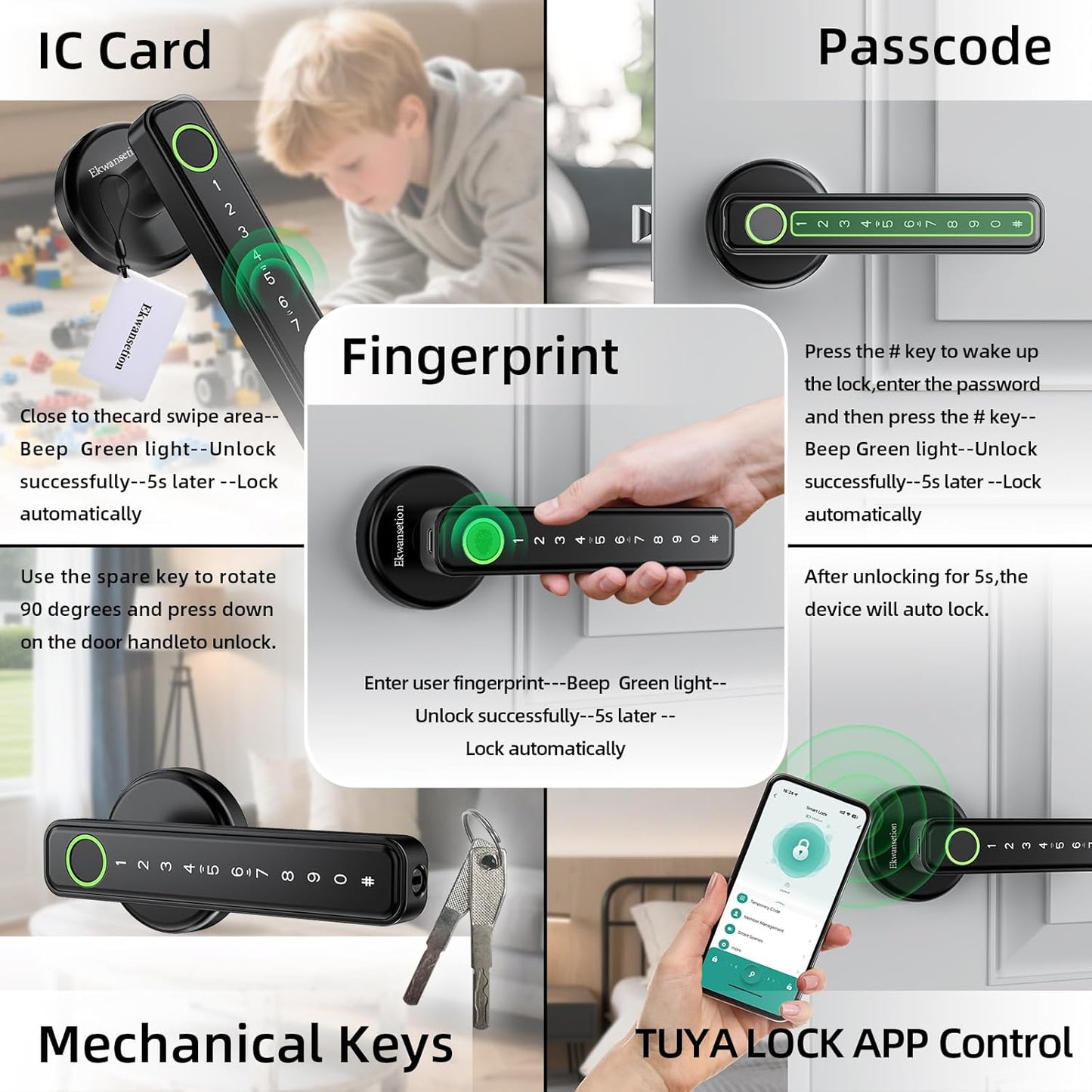 Fingerprint Door Lock Smart Door Lock with Keypad Keyless Entry Door Lock with Handle for Home Hotel Office Apartment Bedroom with Alexa (Black app Unlock) Ekwansetion