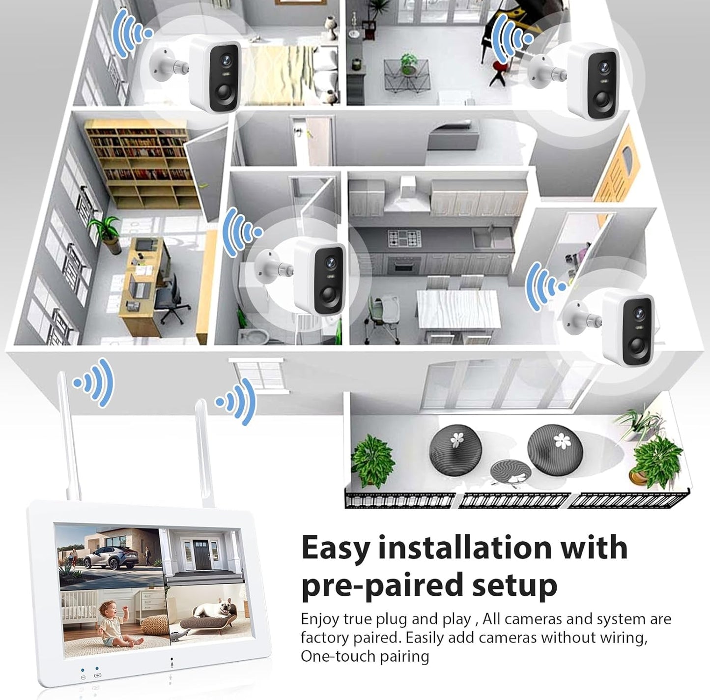 Wireless Security Camera System with 7" Touchscreen Monitor & 2PCS 4MP Security Cameras,Indoor Outdoor Camera 2-Way Audio,Color Night Vision,Motion Detection