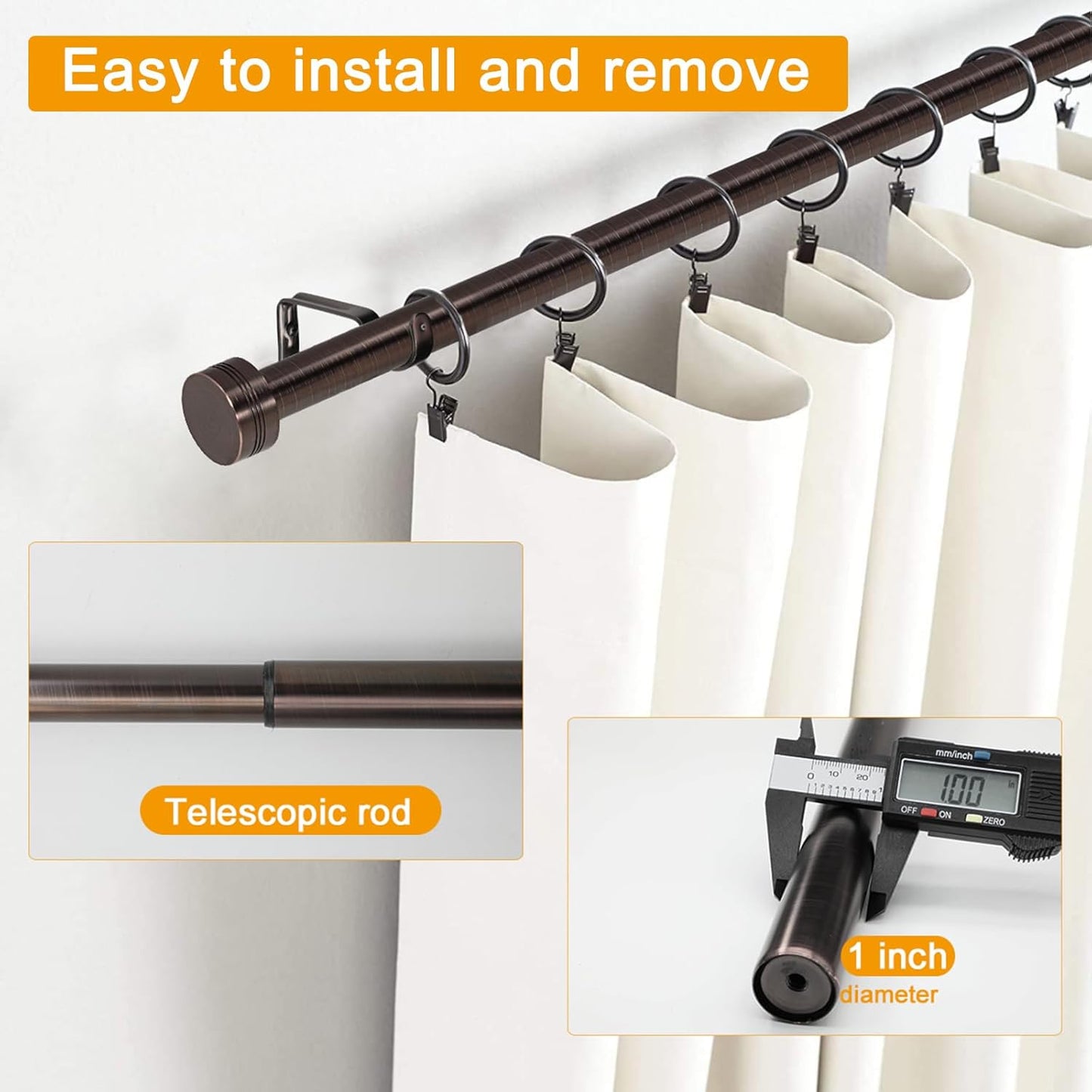 Adjustable Curtain Rods-18 to 144 Inches,1 Inch Modern Metal Drapery Rods, Adjustable Heavy Duty Curtain Pole with Simple End Caps