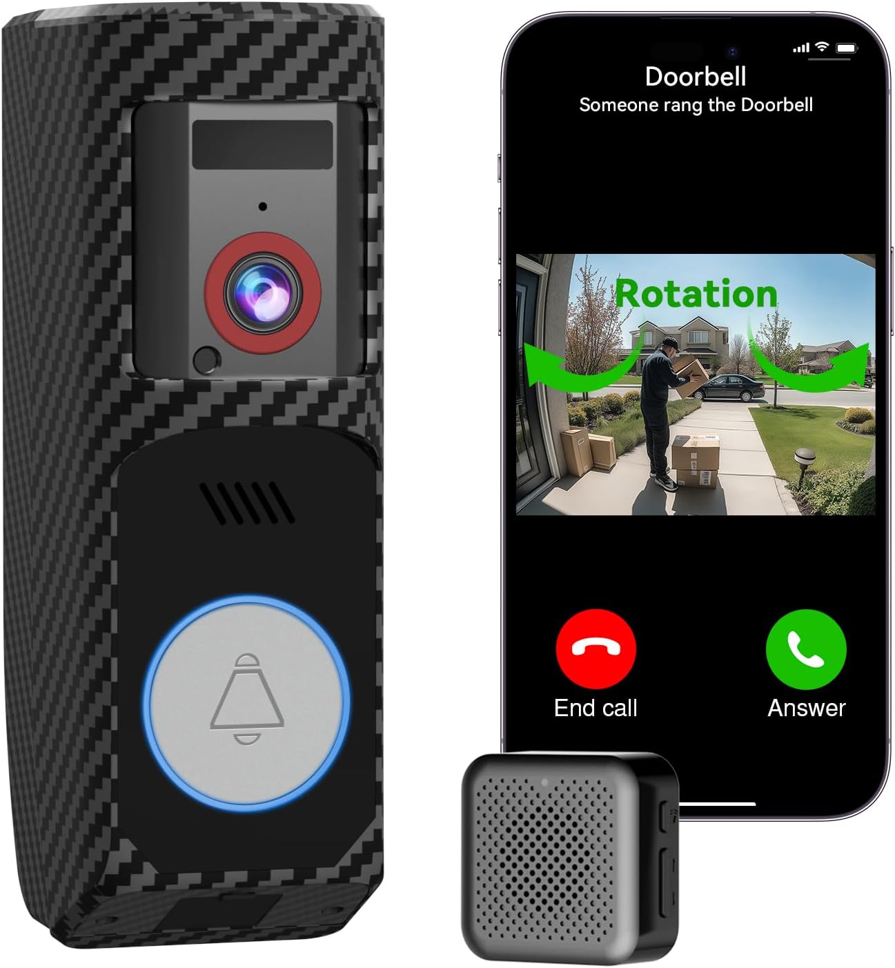 Video Doorbell Camera Wireless with Charm, HD Camera, Real-Time Alerts Ring Call, Pan Rotate, AI Detection, Power Battery, Home Security Apartment Camara para Puerta, 2.4G WiFi, Carbon Fiber