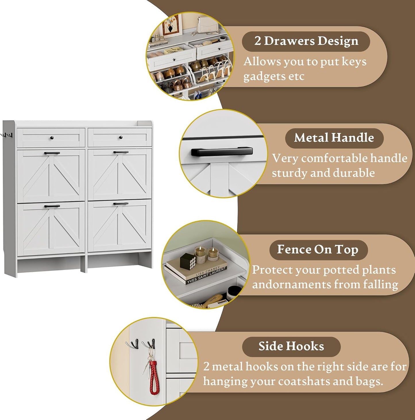 Shoe Storage Cabinet for Entryway, Farmhouse Wide Shoe Cabinet with 4 Flip Drawers and 2 Top Drawers, Freestanding Organizer with Adjustable Shelves, Hooks, and Anti-Tip Kit for Hallway