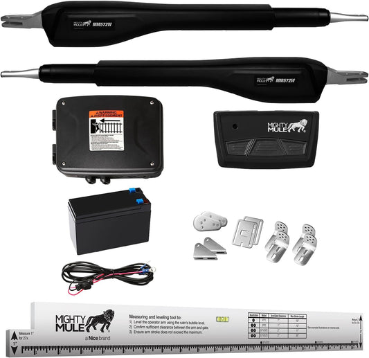 Mighty Mule Gate Opener, Solar and Smart Ready, Heavy Duty Automatic Gate Opener, Gates up to 18ft or 850lb Per Gate Leaf, Dual Gate Opener, Upgraded, MM572W-A