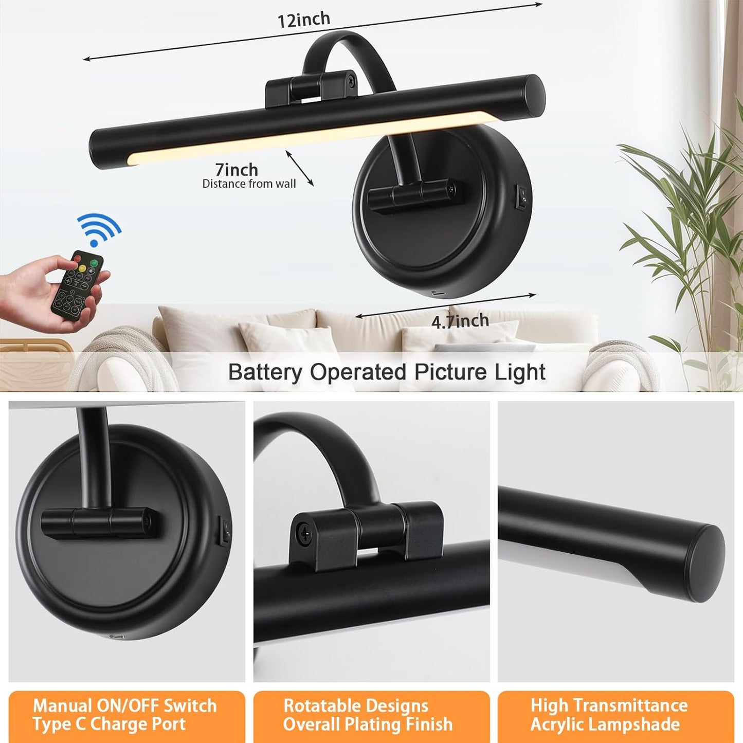 Rechargeable Picture Light for Wall, Cordless Art Lights Battery Operated, Dimmable Wall Light with Remote & Timer, 3 Color Modes for Paintings, Gallery, Artwork(Black, 12inch)