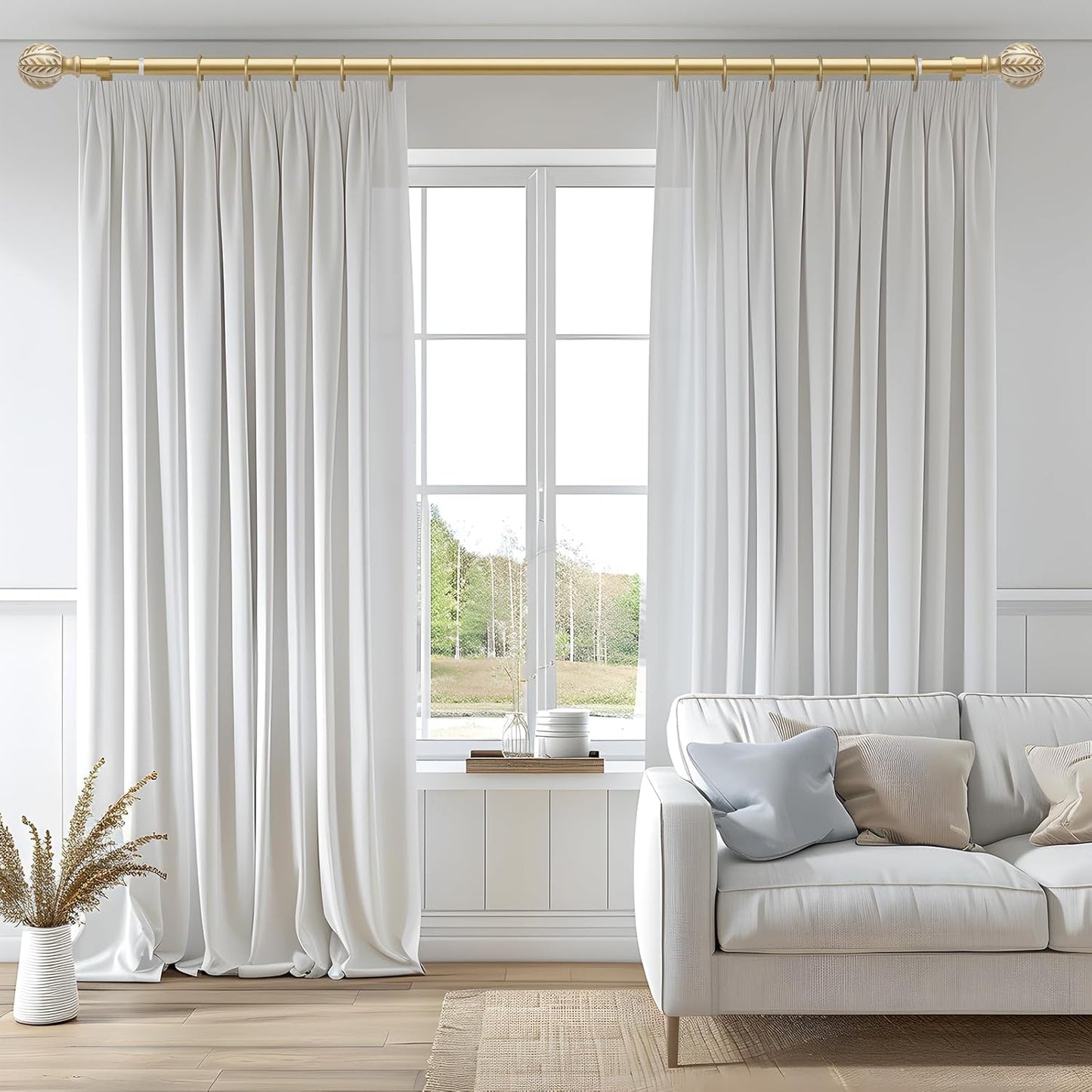 Gold Curtain Rods for Windows 72 to 144 inch,1" Adjustable Heavy Duty Window Curtain Rod Leaf Finials,Rustic Decorative Drapery Rods Set,Size:36-150''