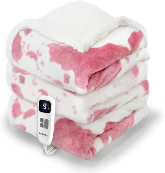 Cow Print Heated Blanket Full-Heating Electric Blanket Full with 10 Heat Levels & 10 Hours Auto-Off, Cozy Soft Fleece Sherpa, Washable, 72 x 84 Inches Cow Print Pink
