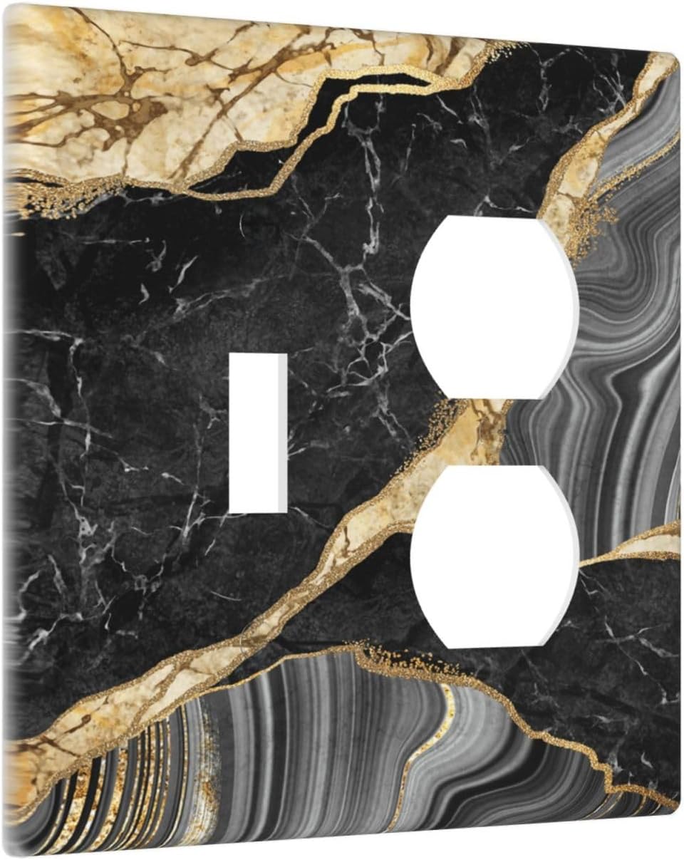 Decorative Outlet Covers Modern Abstract Black Gold Marble 2 Gang Wall Plate Single Toggle Duplex Light Switch Cover Switch Plate Covers for Bathroom Kitchen Home Decor
