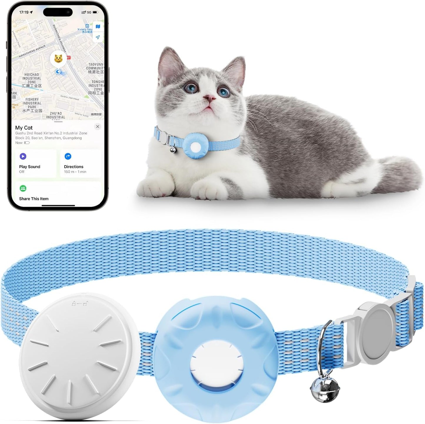 Cat Tracker, Cat Tracker Collar with Safety Elastic Buckle, Compatible with Apple Find My App (Only iOS), No Monthly Fee, Waterproof Pet Tracker for Cats, Blue