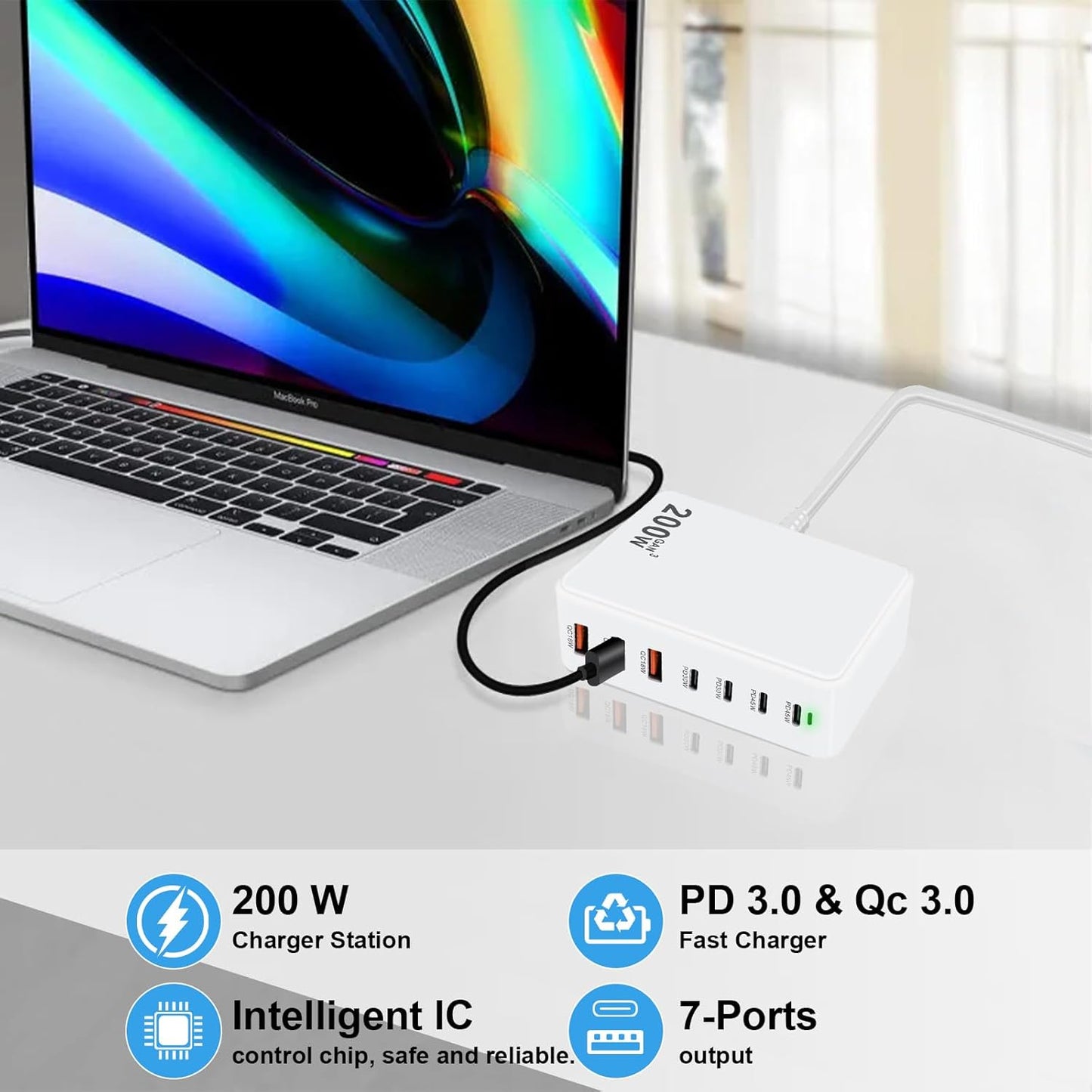 USB C Charger Block 200W 7 Port Fast Charging Station Hub, PD 45W Laptop Charger Brick Adapter Compatible with MacBook Pro/Air, iPad, DELL, Steam Deck, iPhone 17/16/15/14, Galaxy S23/22 (White)