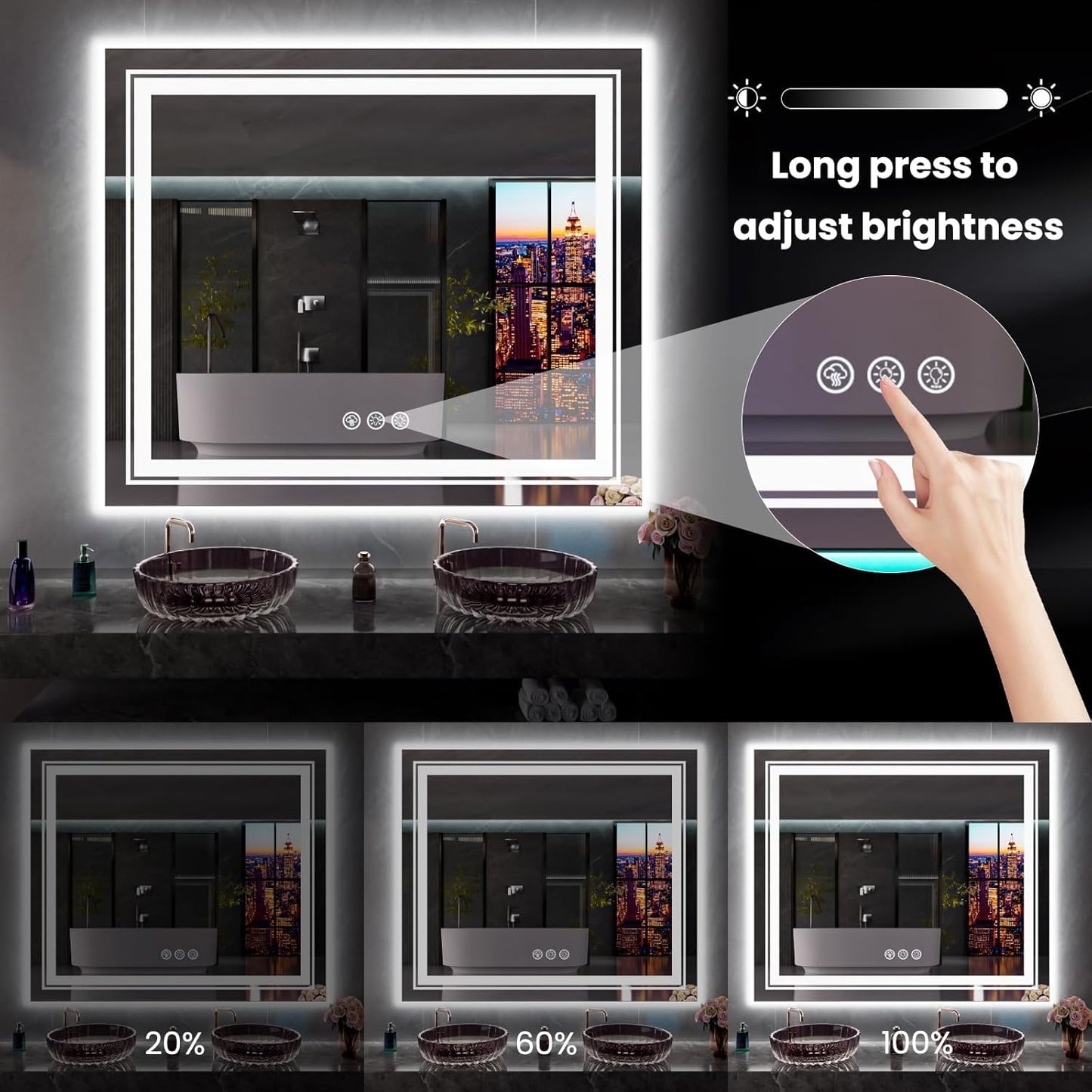 LED Mirror for Bathroom, 55"X30" with 8 RGB Backlit +3 Front Lit (Adjustable Individually), Anti-Fog, Large Lighted Bathroom Vanity Mirror for Wall,Shatterproof,Memory Function,Tempered Glass