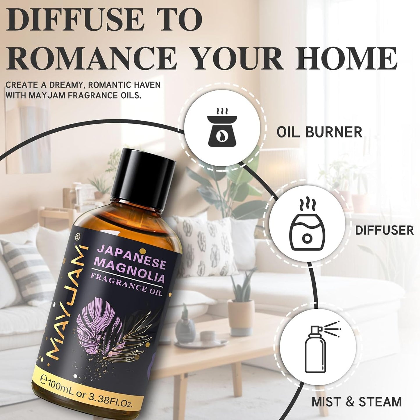 MAYJAM 100ML/3.38FL.OZ Japanese Magnolia Fragrance Oils with Glass Dropper, Essential Oils for Diffusers for Home, Long Lasting Scented Oils for Diffusers Soap Candle Making