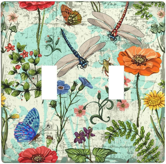 Dragonflies Flowers Butterfly 2 Gang Double Toggle Outlet Light Switch Cover Decorative Wall Plate Cover For Home Living Bedroom Kitchen Decorative