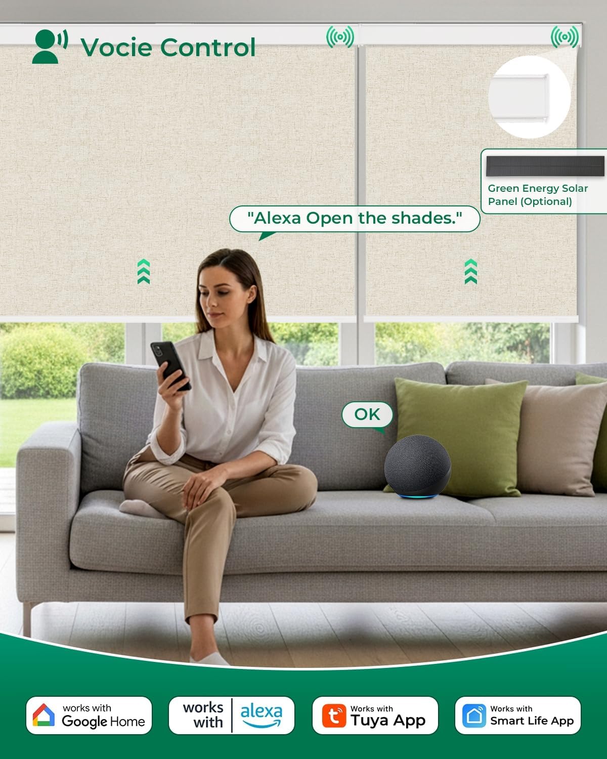 Allesin Motorized Roller Blinds – Rechargeable Smart Shades with Remote & Quiet Motor, Top/Bottom Aluminum Rails, Alexa-Compatible for Window (34.5" W x 72" H, 100% Blackout Sand-Linen)
