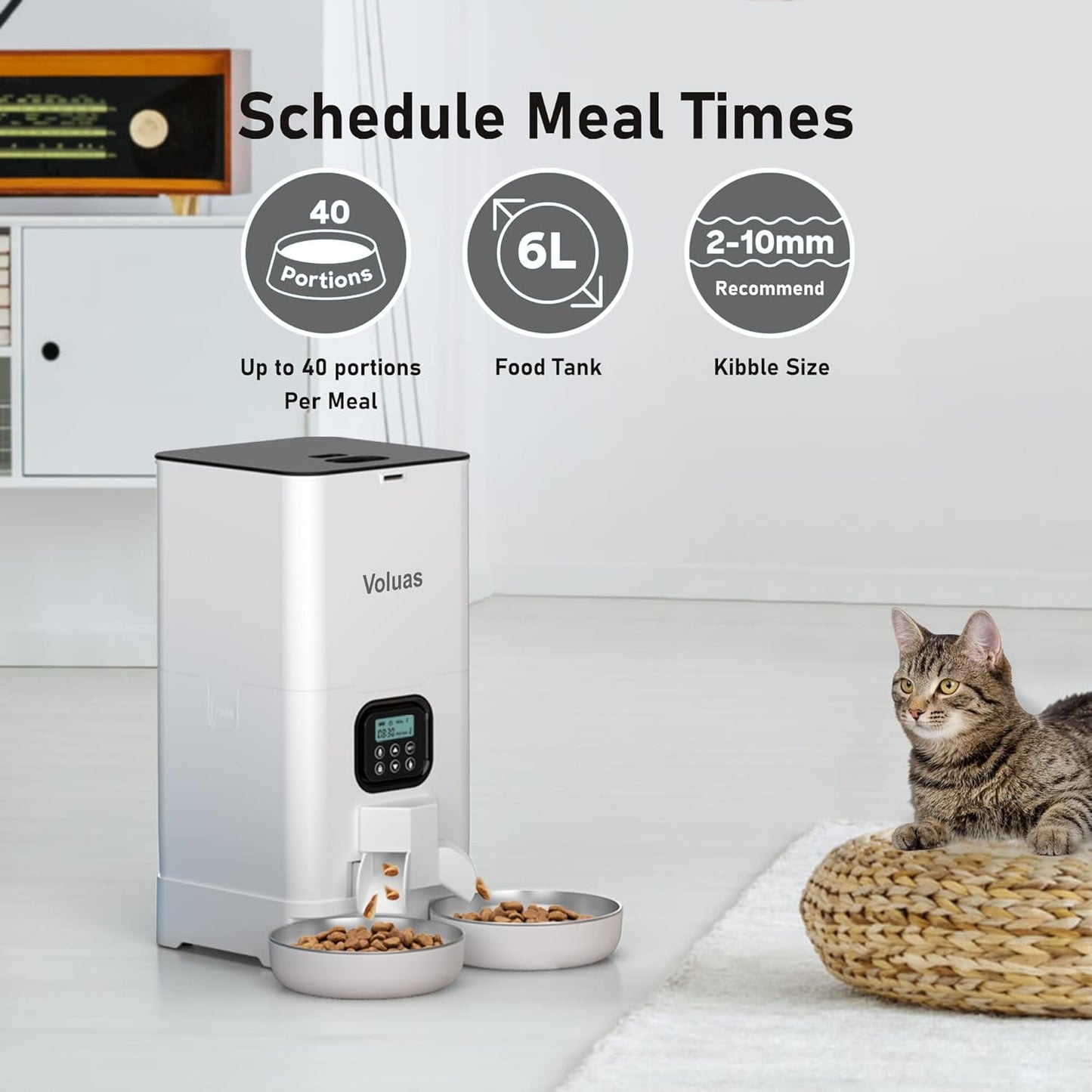 Voluas Automatic Cat Feeder for Two Cats, Double Pet Feeder with 2 Stainless Steel Bowls,6L Timed Cat Feeders with Memory Function