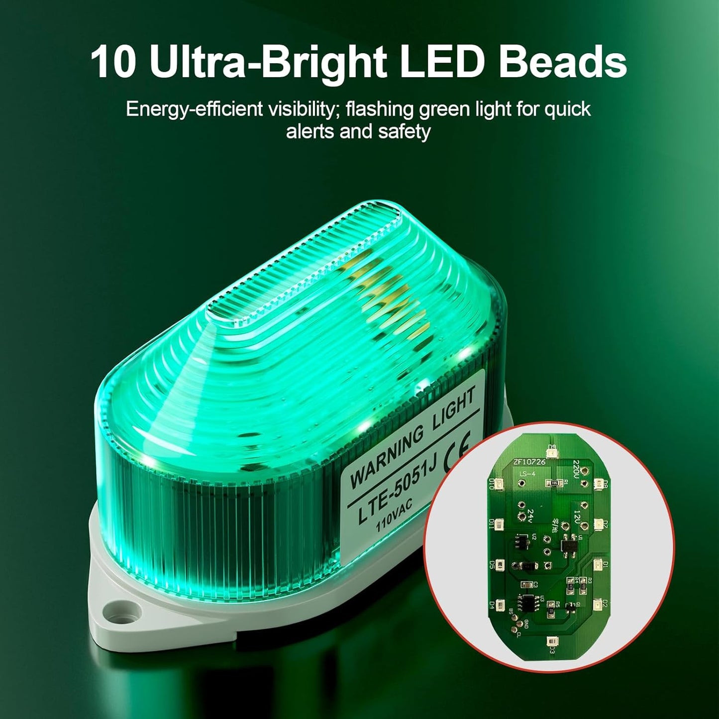 AC110V Strobe Siren Industrial Warning Light with Green LED and 105dB Buzzer, Ultra-Bright Signal Flashing Alarm Light for Safety and Alert, Oval