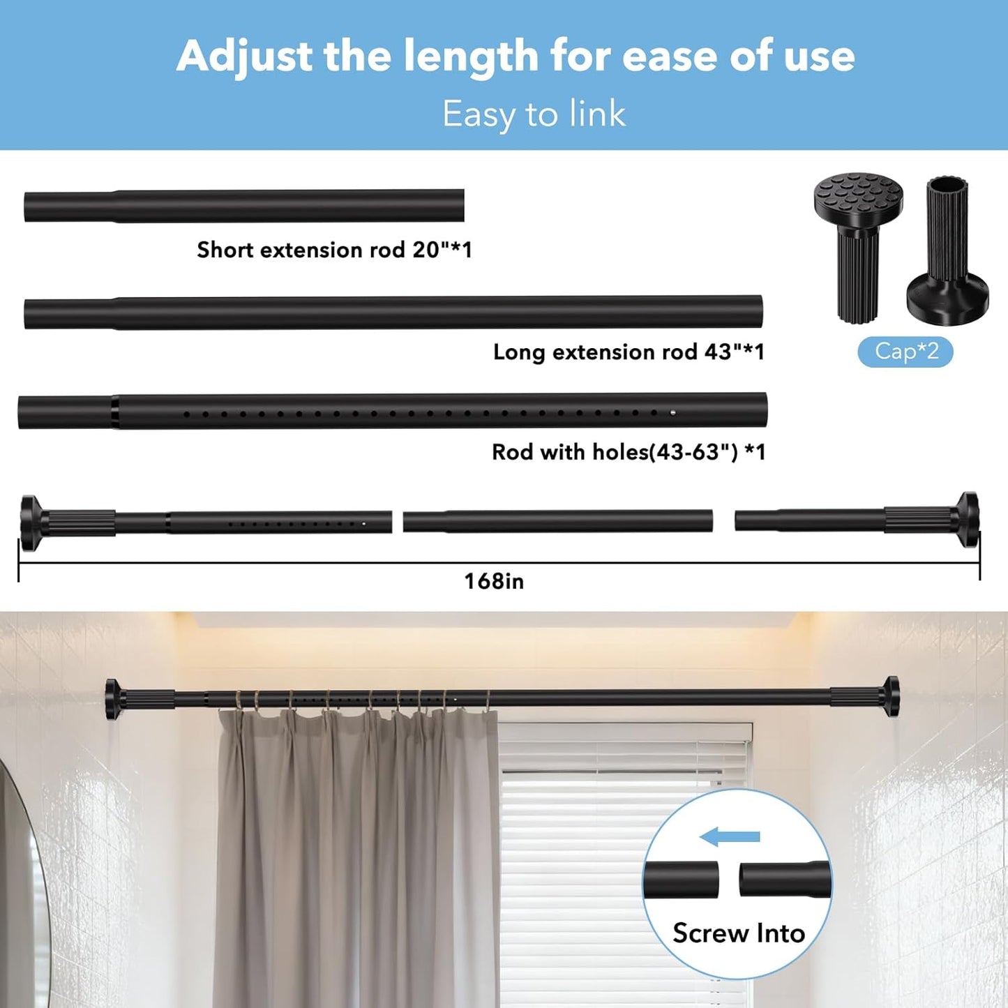 Tension Curtain Rod 51–168 In (4.25–14 ft),Extra Long Outdoor Curtain Rod for Window or Bathroom Patio,Easy to Install No Drilling Never Rust,Heavy Duty Adjustable Spring Shower Rod