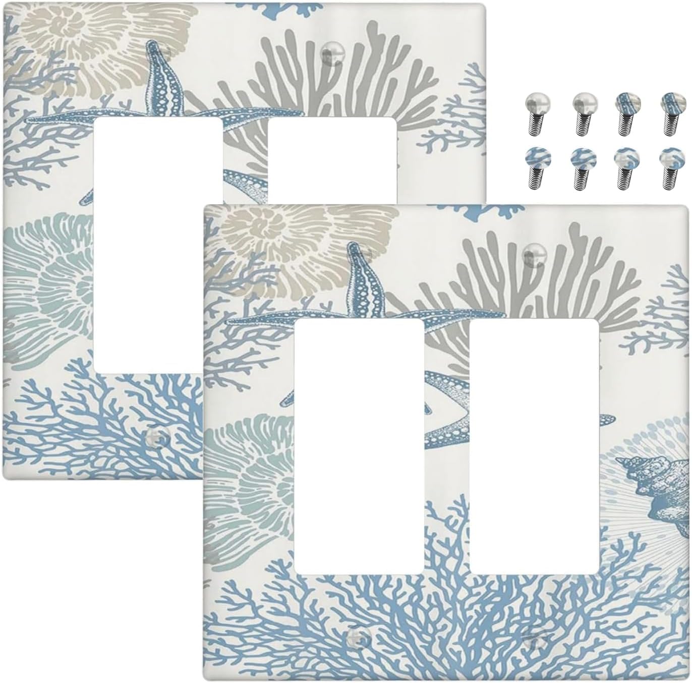 Decorative Outlet Covers Blue Starfish Coral Seaweed 2 Gang Light Switch Cover Plate Double Rocker Wall Plate Switch Plate Covers Faceplate for Bathroom Bedroom Decor （2 Pack）