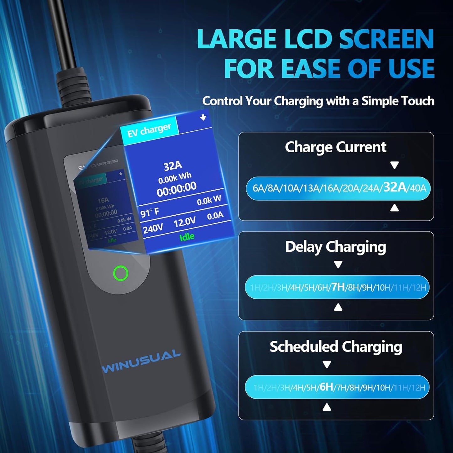Portable Level 2 EV Charger, 6-32A, 220-240V, NEMA 14-50P, 25FT, Electric Car J1772 Charger for Home and Travel, Reliable and Durable EV Charging Cable