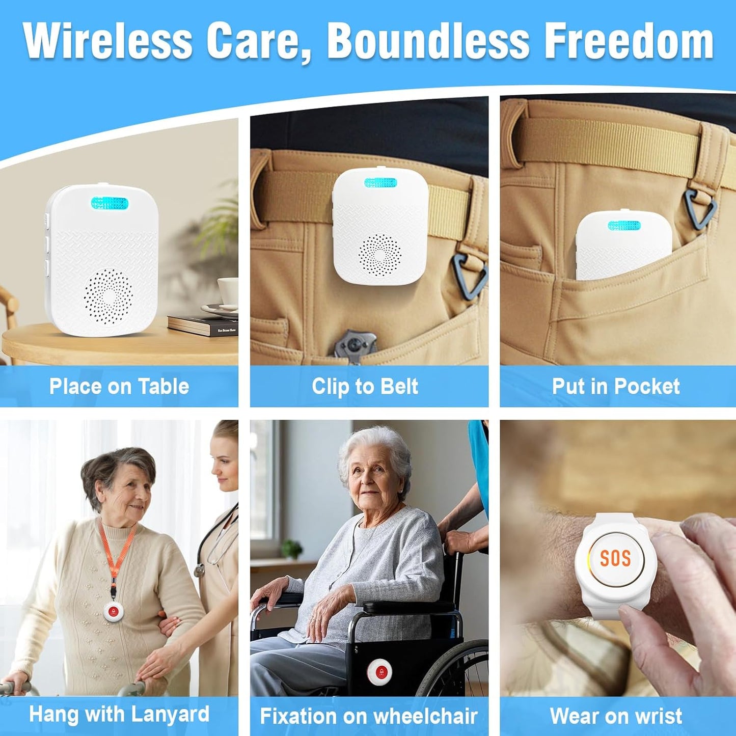 Daytech Caregiver Pager Call Bell for Elderly at Home Fall Detection for Seniors/Patient/Disabled 300+ Feet 1 Portable/Vibration Receiver & 2 Alert Call Button