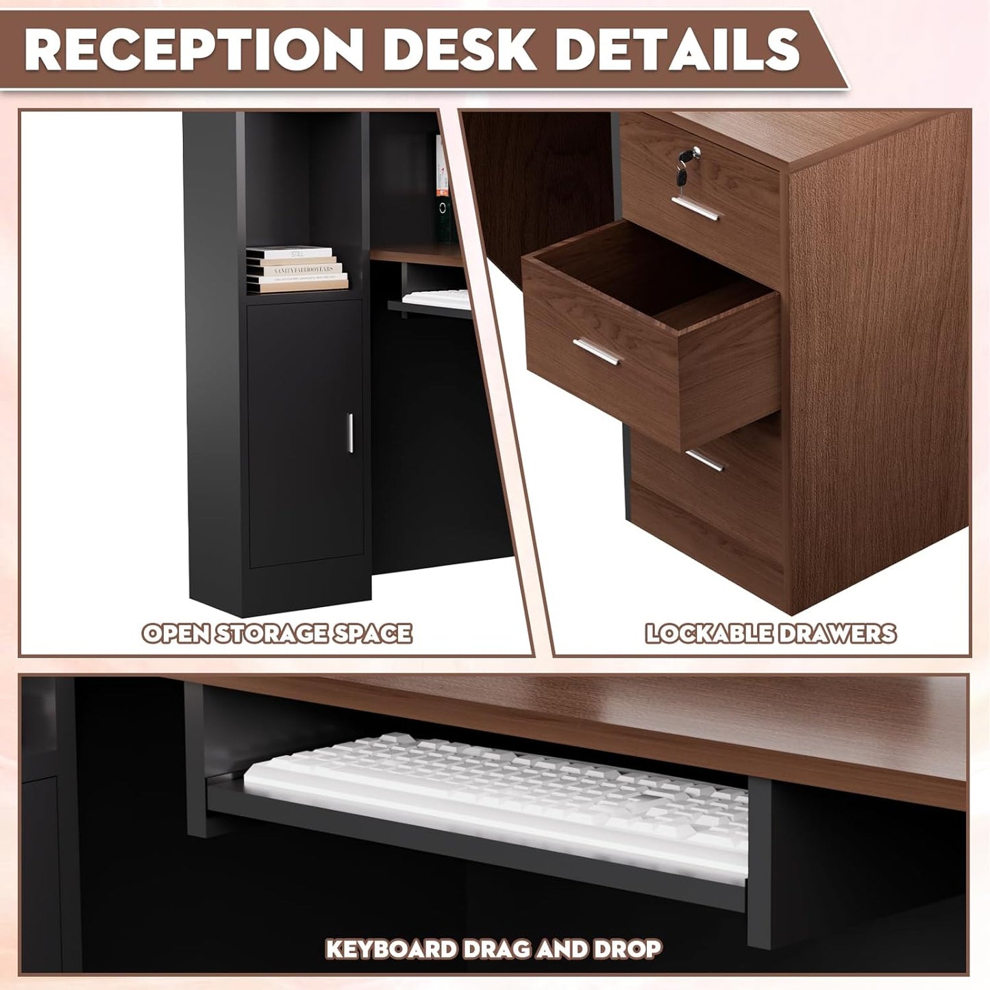 L-Shaped Modern Reception Desk with Counter & Storage - 71" Large Office Front Desk, Salon Checkout Counter with Lockable Cabinets, Shelves(Brown & Black, Left - 71''L x 34''W x 41''H)