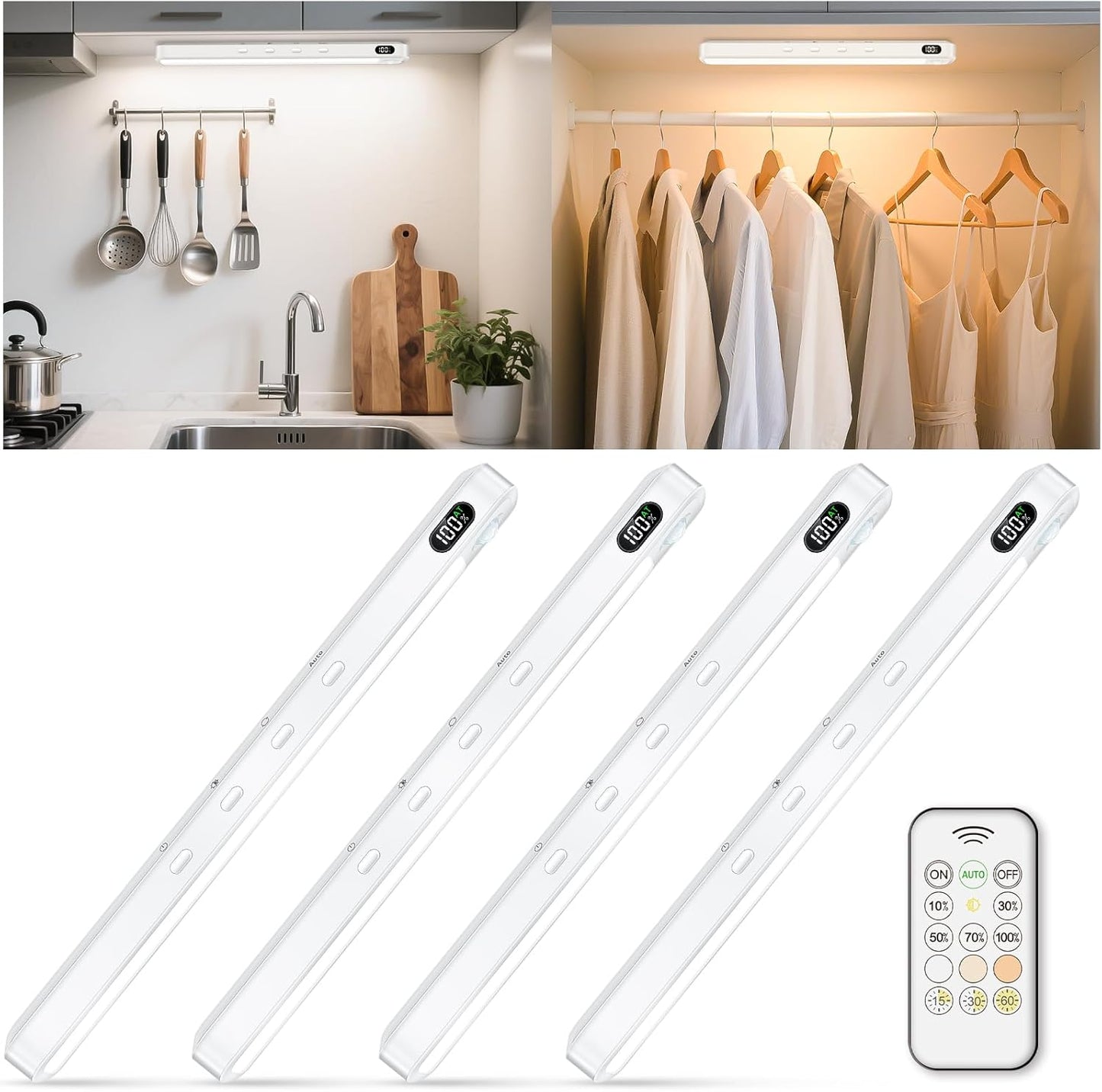 WILLED Under Cabinet & Closet Lights with Remote, Motion Sensor, Rechargeable, Magnetic, 3 Color Temps, Dimmable LED Light Bar for Indoor Kitchen Counter (4 Pack, White)