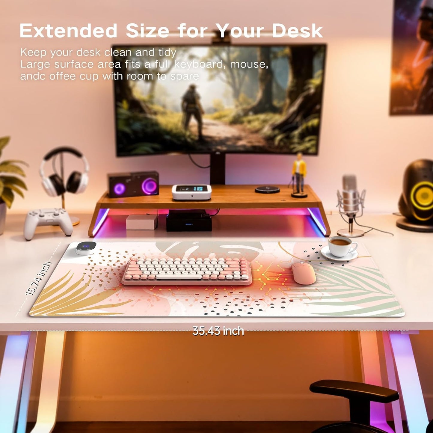iCasso Heated Mouse Pad, XL Big Desk Pad with 4 Heating Levels & 4 Auto Shut-Off Levels for Computer Keyboard, 31.5" x 13" Large Safe Desk Mat Hand Warmer for Home Office Work (Morandi)