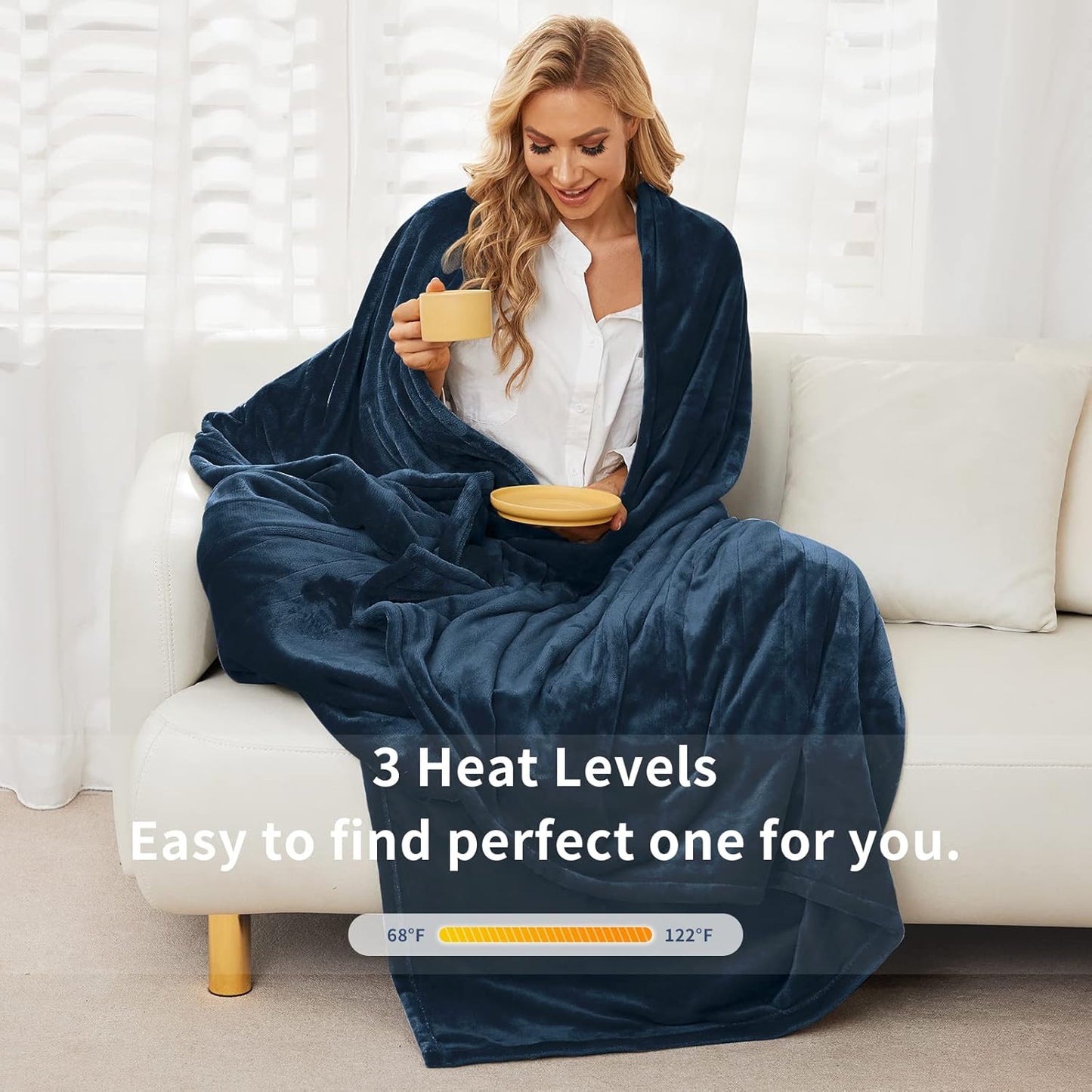 Vagueior Electric Heated Blanket Full Size 72'' x 84'' Extra-Warm Lightweight Cozy Luxury Electric Blanket Machine Washable with 3 Heating Levels Auto-Off Machine Washable - Blue ETL Certification