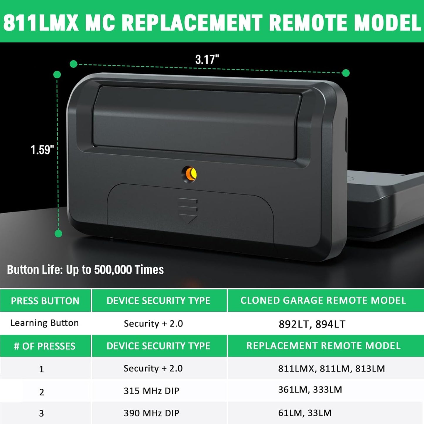 Upgrade 811LMX MC Gate Opener Remote Replacement for Liftmaster 811LMX / 811LM 1 Button Remote Control, for Liftmaster 850LM 860LM Star1000 Receiver, Security+ 2.0 315MHz 390MHz, 12 Dip Switch 4 Pack