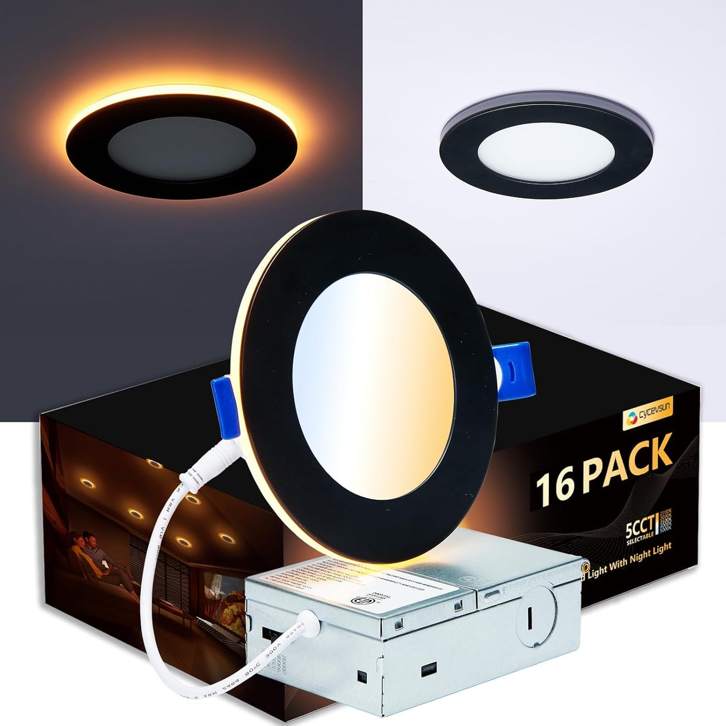 CycevSun 16 Pack Black Recessed Lights 4 Inch with Night Light, Canless Ultra Thin Wafer Soffit Downlight with Junction Box, Dimmable & 5 Color Selectable, 9W, ETL & Energy Star