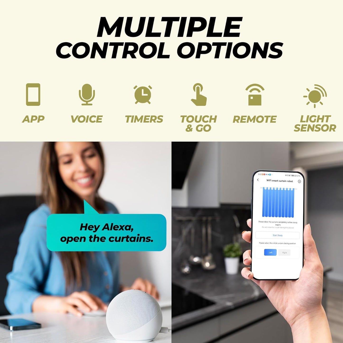 Smart Curtain Opener with Remote Control - High-Performance Motor for Roman, T/U-Shaped Tracks - Automated Opening/Closing (WiFi)