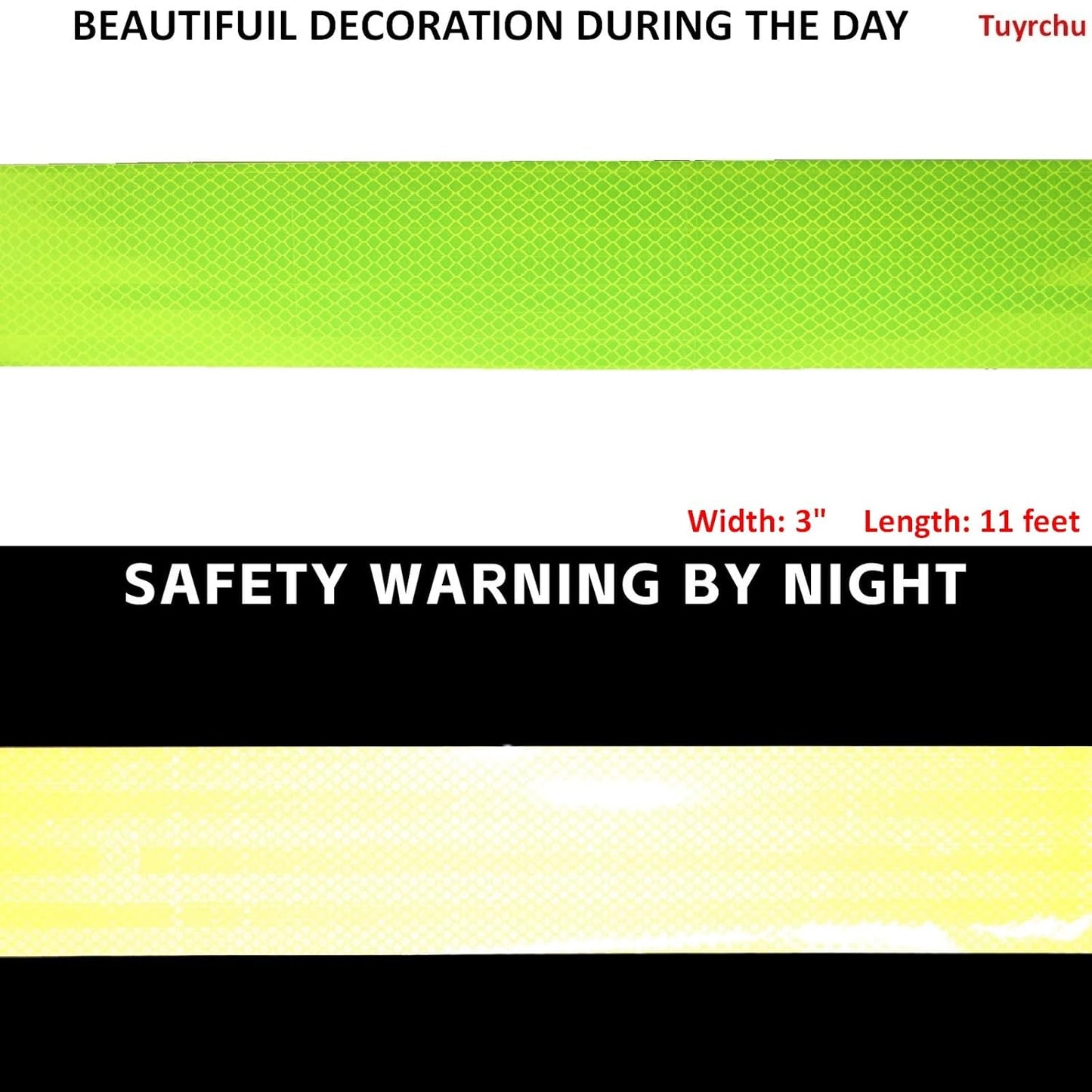 Non Fading Fluorescent Yellow Reflective Tape Outdoor Waterproof 3 inch, High Visibility Warning Safety Industrial Marking Tape (11 feet)