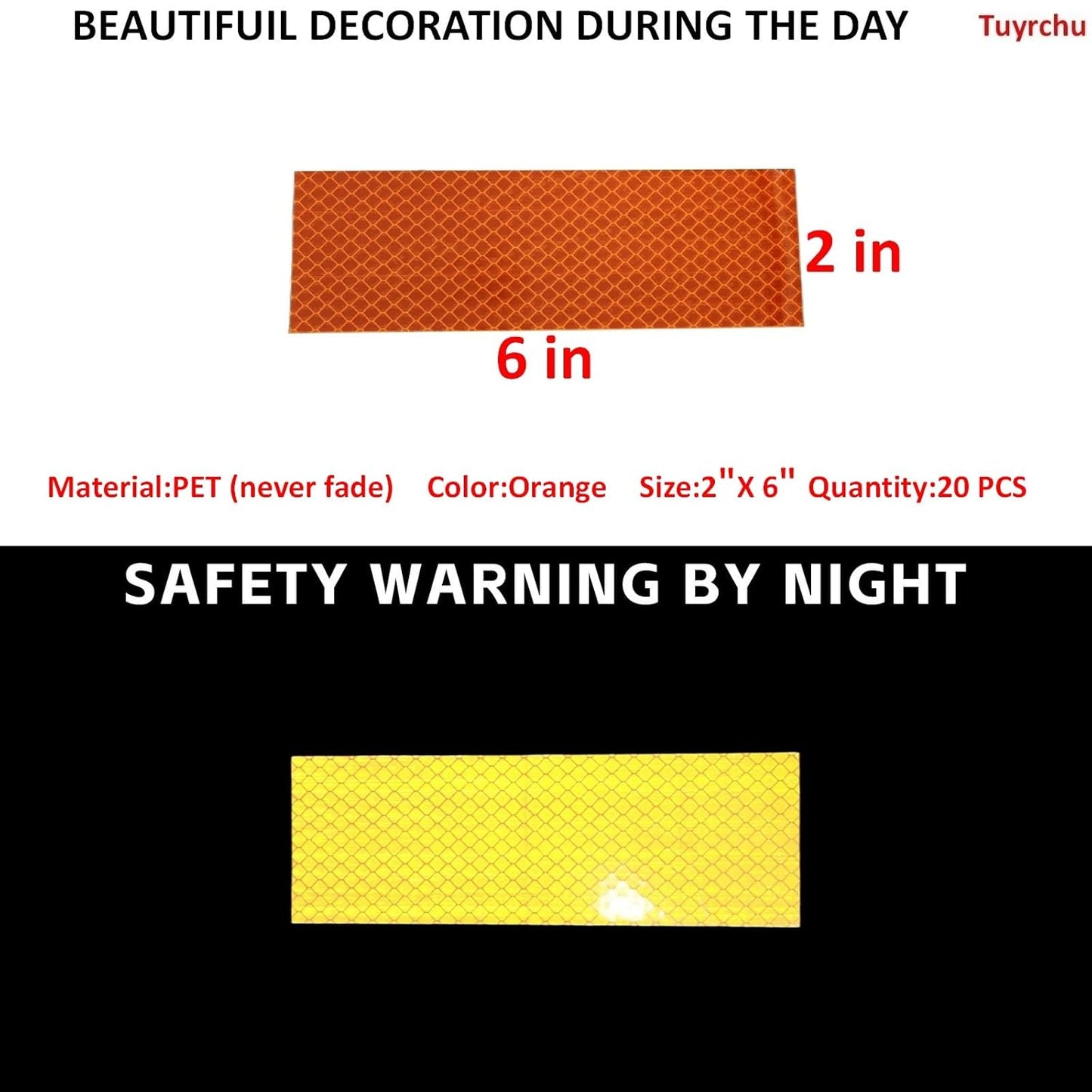 Non Fading Orange Reflective Stickers 2 inch X 6 inch, Outdoor Waterproof High Visibility Warning Safety Adhesive Reflector Tape (20 Pcs)