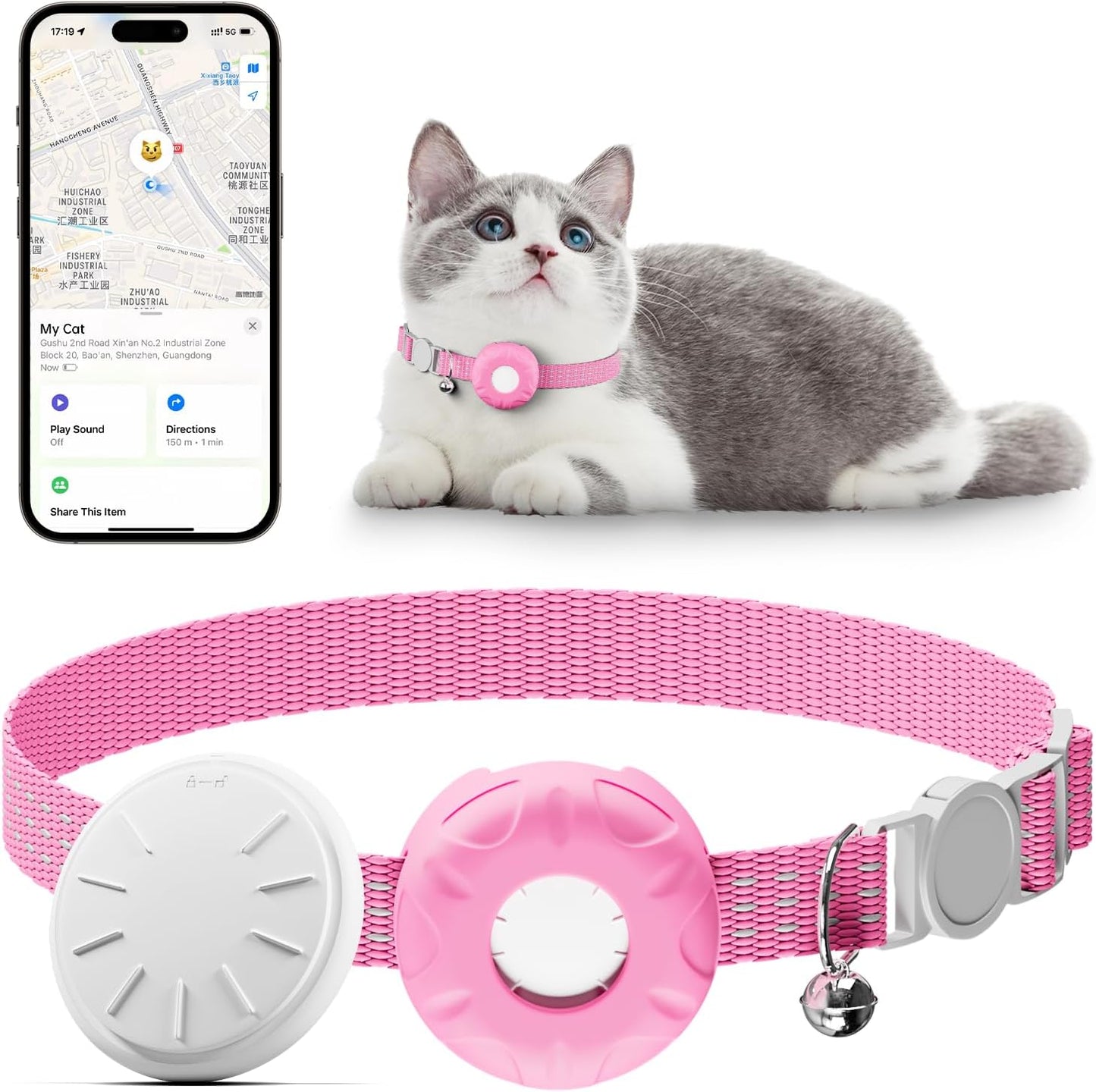 Cat GPS Tracker, Tractive GPS Pet Tracker, Cat Tracker Collar with Safety Elastic Buckle, Works with Any Collar,Compatible with Apple Find My App (Only iOS), No Monthly Fee, Pink