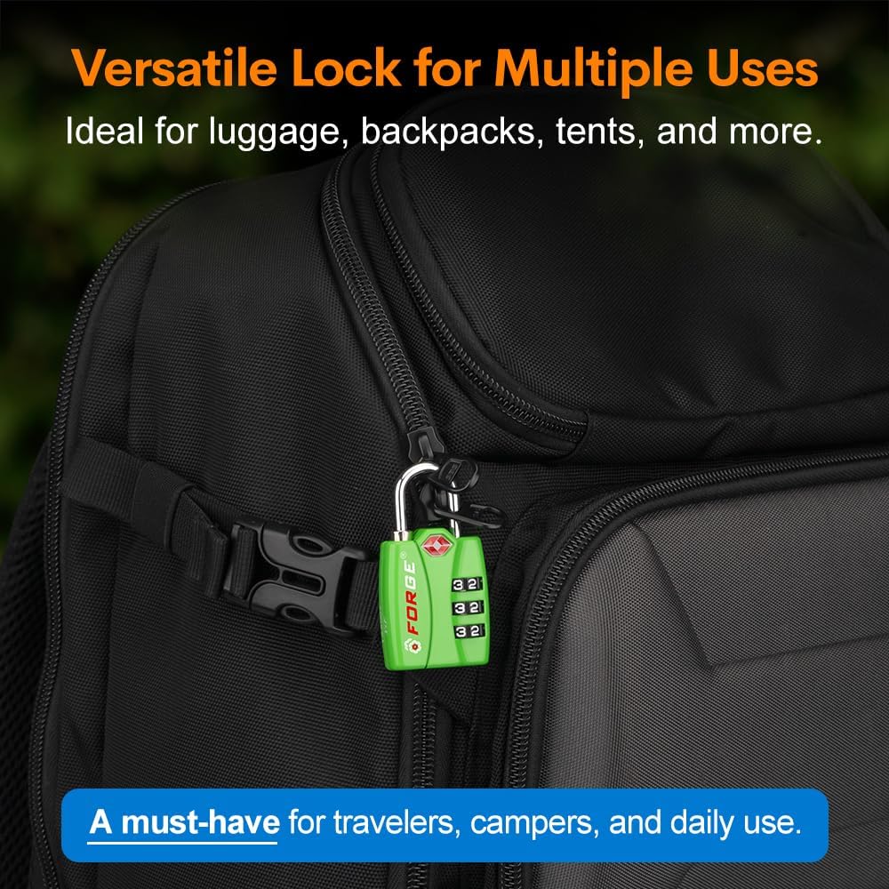 Forge TSA Luggage Combination Lock - Open Alert Indicator, Easy Read Dials, Alloy Body- Ideal for Travel, Lockers, Bags (Green 2Pk)