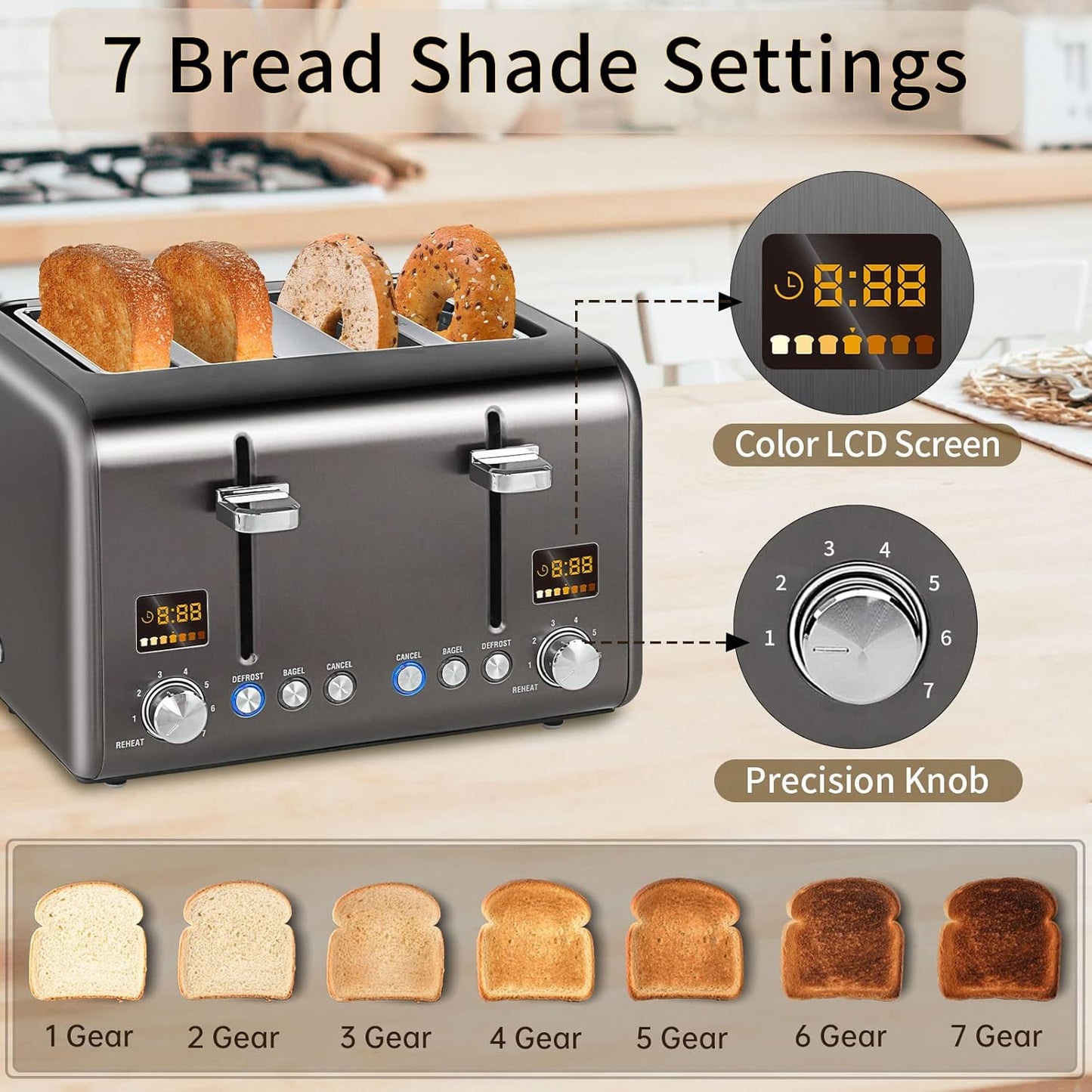 SEEDEEM 4 Slice Stainless Toaster with LCD Display, 7 Shade Settings, Wide Slots, Bagel/Defrost/Reheat Functions, Removable Crumb Tray, 1800W