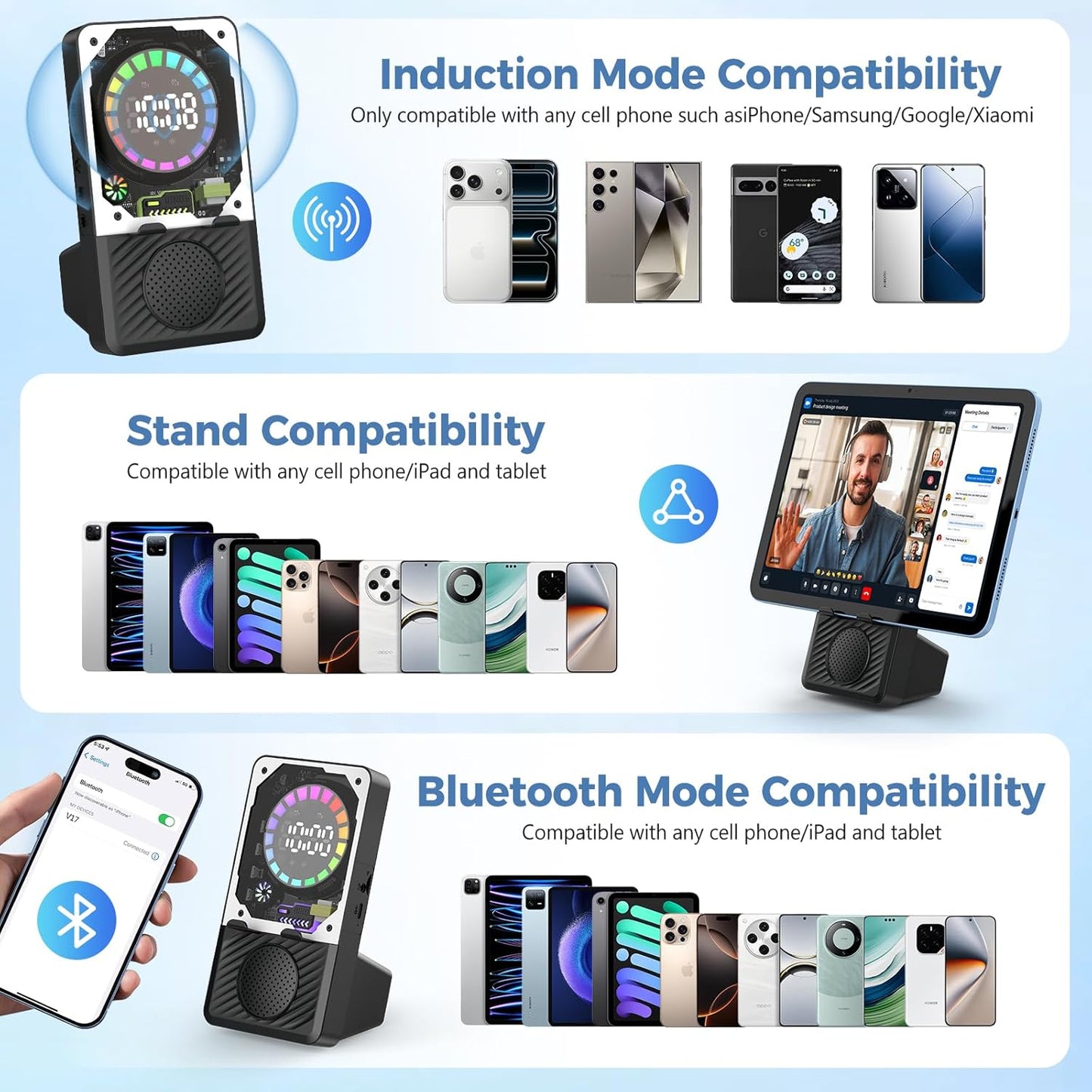 Wireless Induction Speaker, 5 in 1 Bluetooth Speaker with Cell Phone Stand, Phone Holder with Rechargeable Colorful Light and Alarm Clock for iPhone/Android/iPad, for Men Women（Black）
