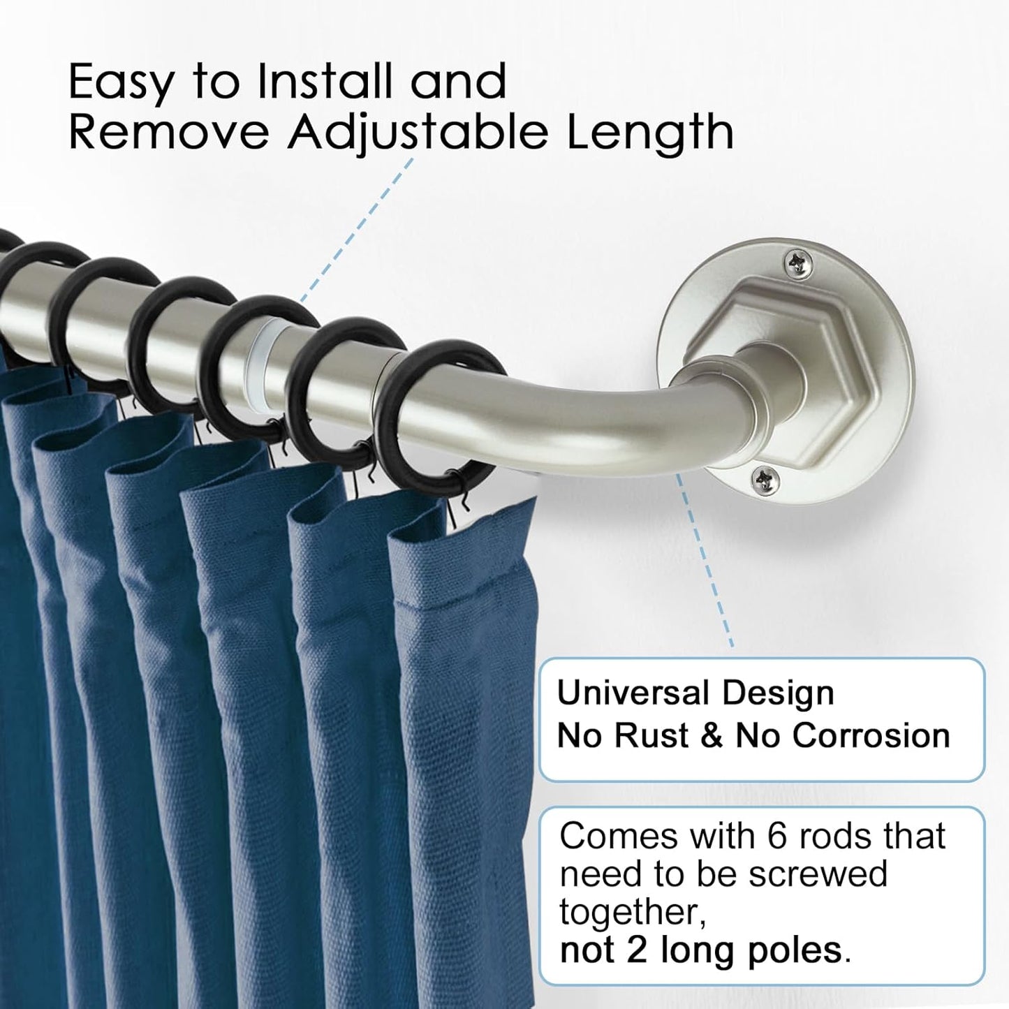 Curtain Rods for Windows 16 to 88 Inches Adjustable Blackout Wrap Around 1 Inch Diameter Curtain Rod, Brushed Nickel